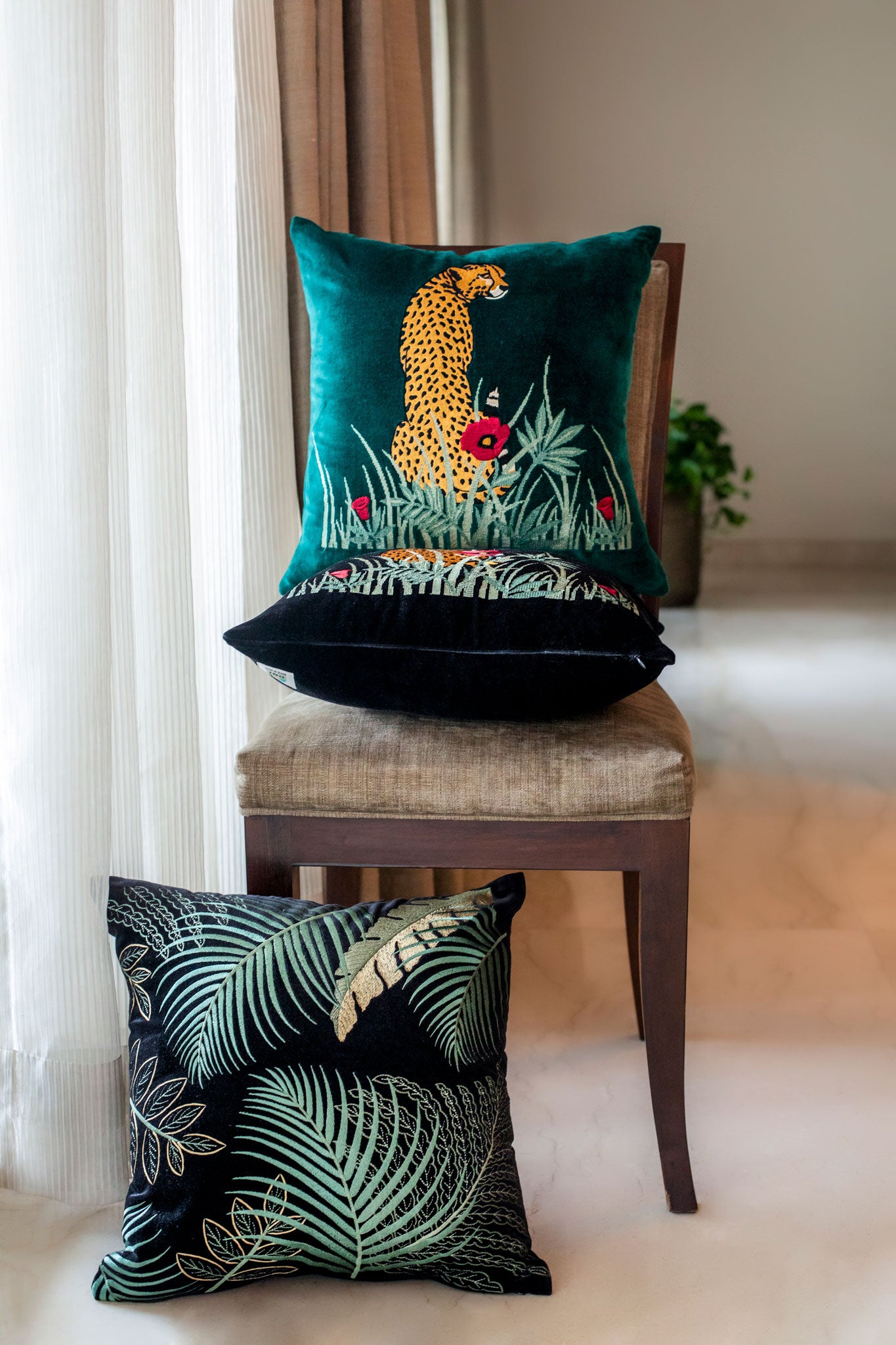 Amazon Forest Embroidered Black Leopard Cushion Cover