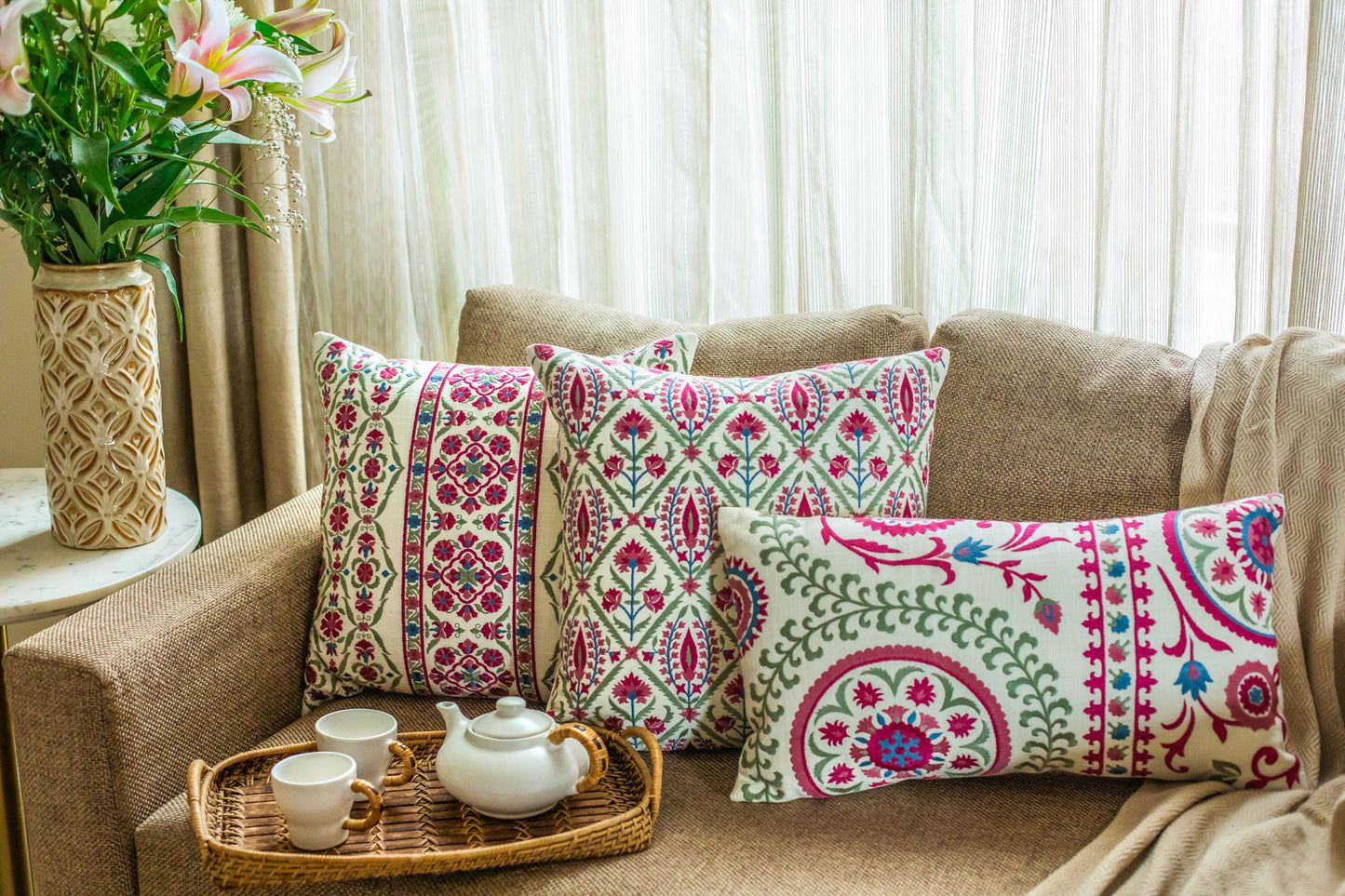 Tashkent Suzani Embroidered Off White Dusty Cushion Cover