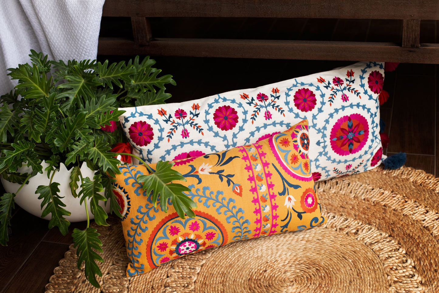 Tashkent Suzani Embroidered Mustard Cushion Cover with Tassels