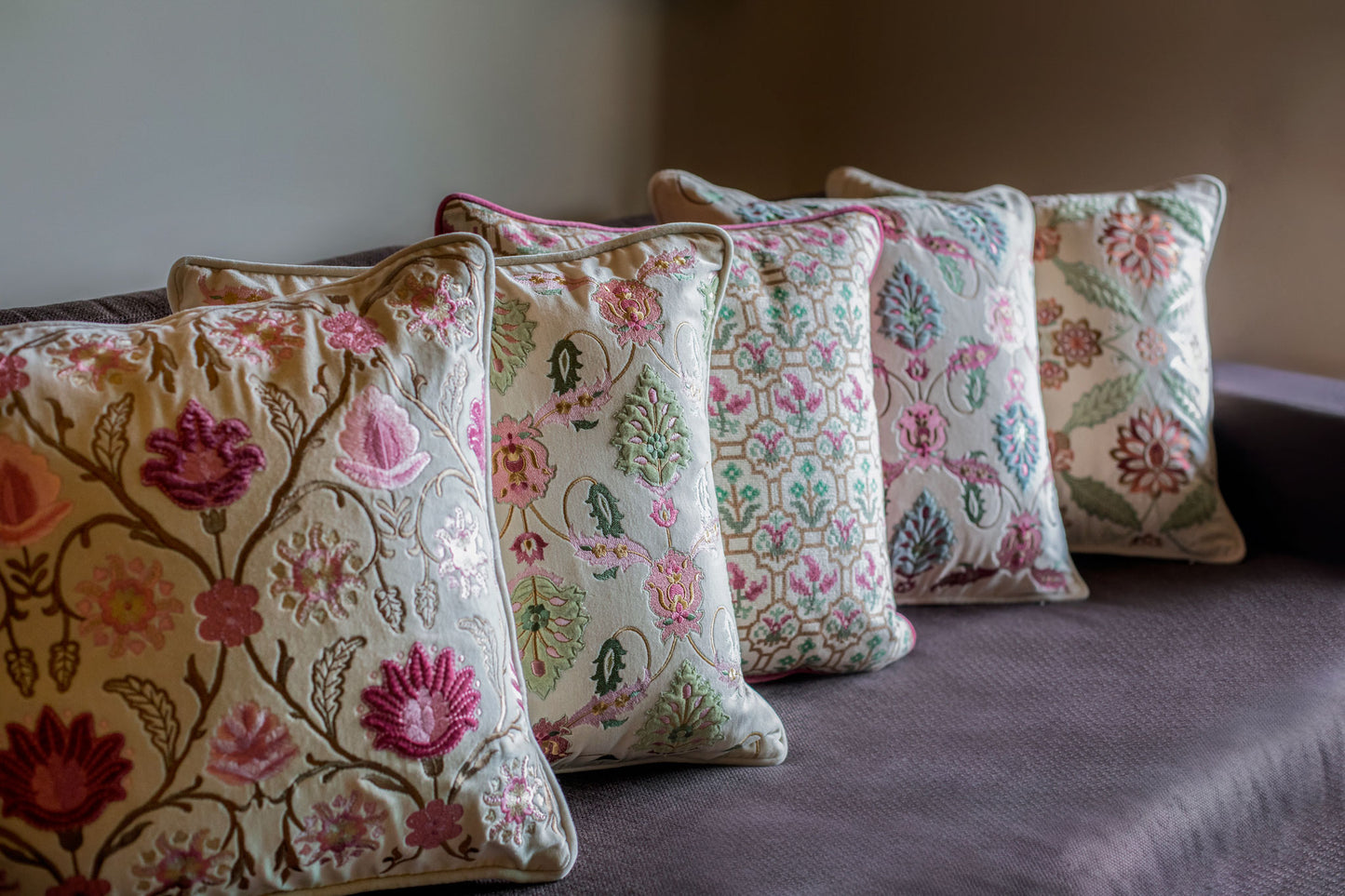 Ivory Old Rose Cross Stitch Embroidered Cushion Cover