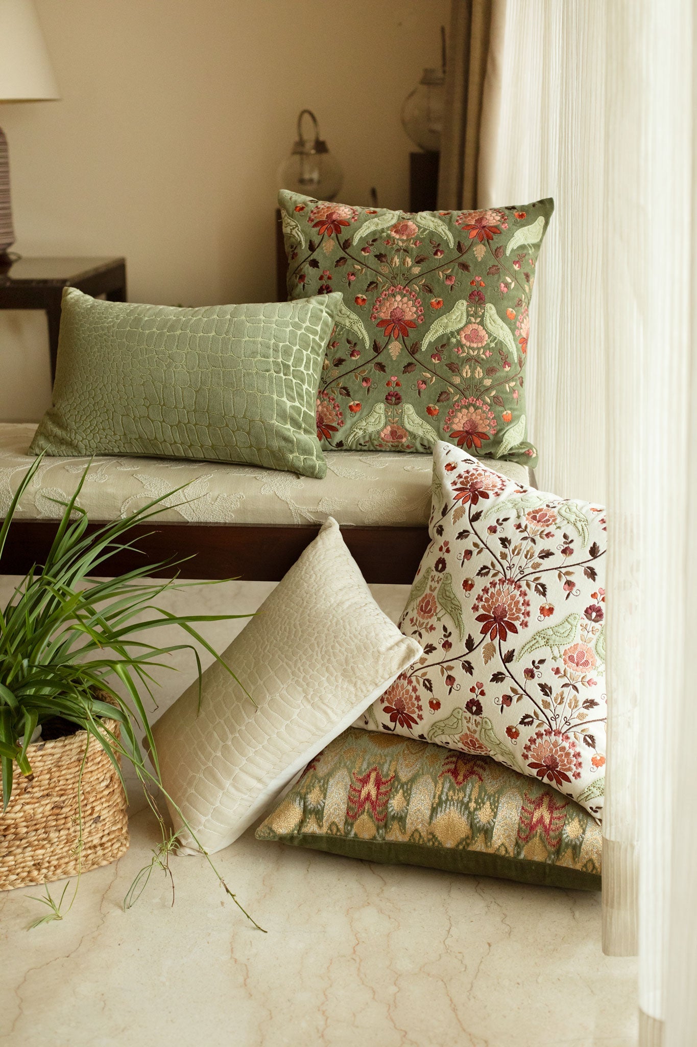 Royal Jardin Embroidered Sage Green Cushion Cover
