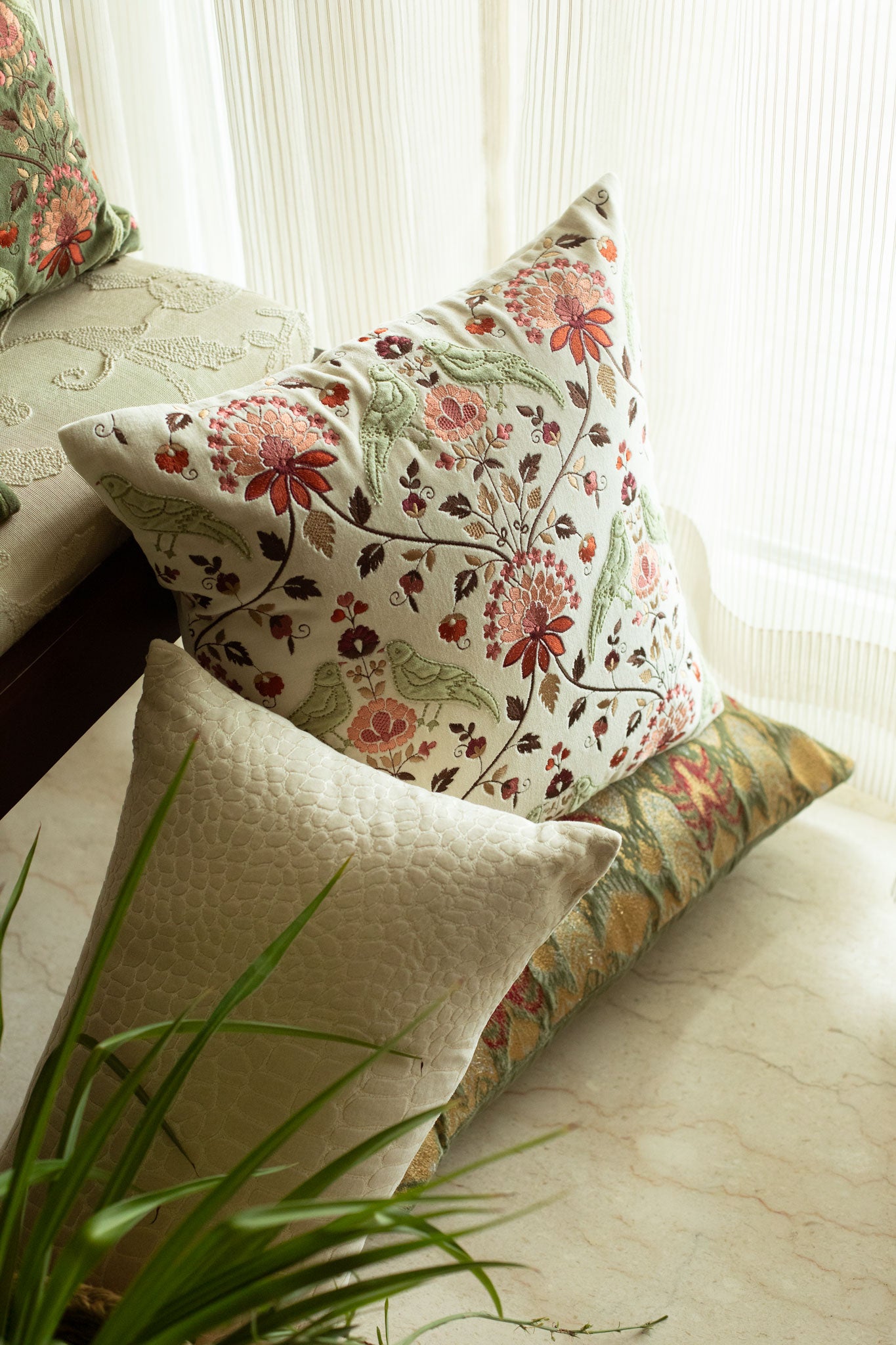 Royal Jardin Embroidered Off White Cushion Cover