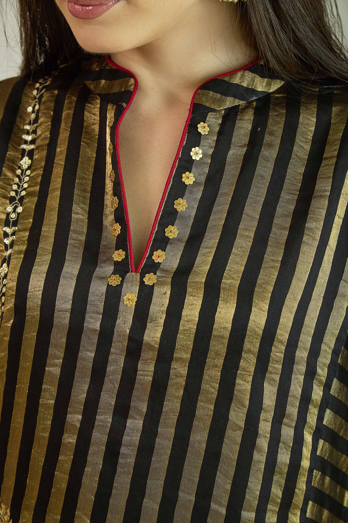 Raaz-e-Falak Black - Stripe Pure Silk Tissue Chanderi Kurta Set