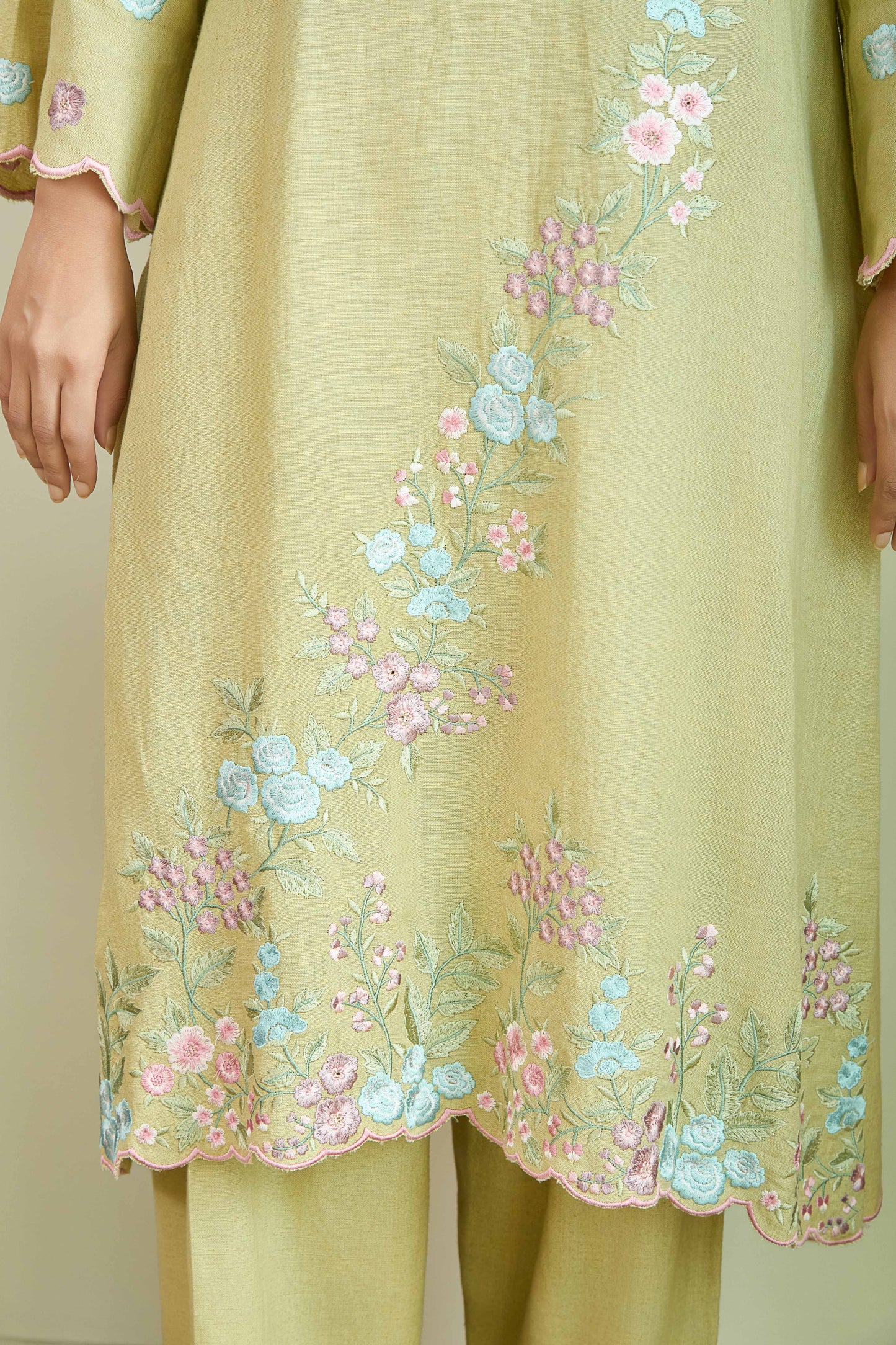 SAANJH BLOOM Sage Green Linen Kurta and Salwar suit with embroidered Vine and scallops