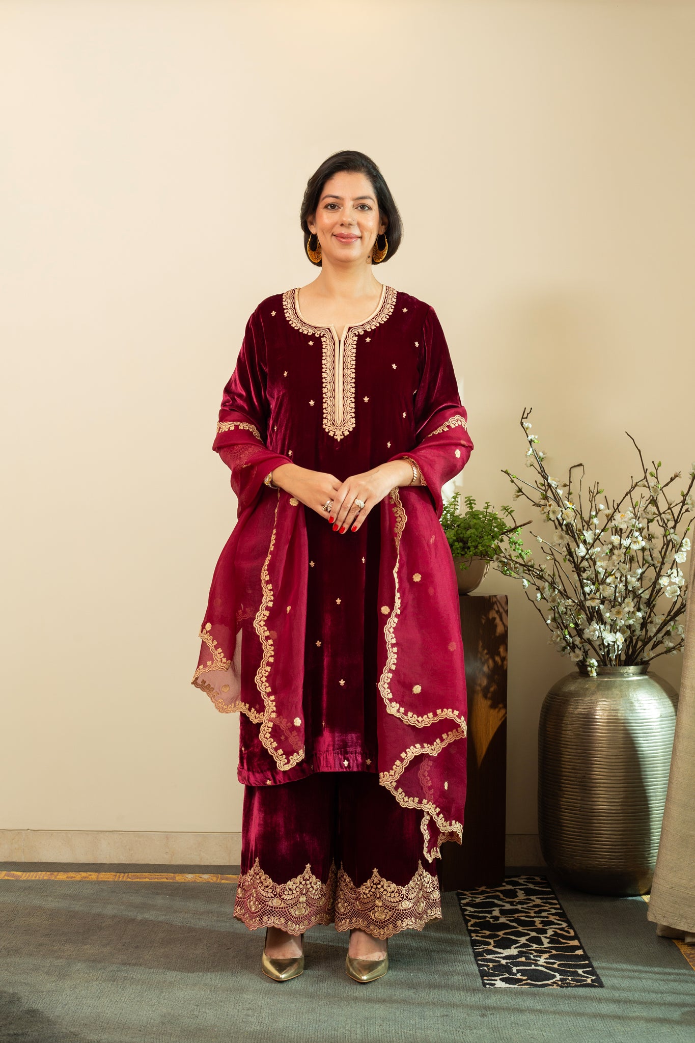 CHANTILLY Wine LACE embroidered Kurta set in Silk Velvet with pure silk organza embroidered Dupatta