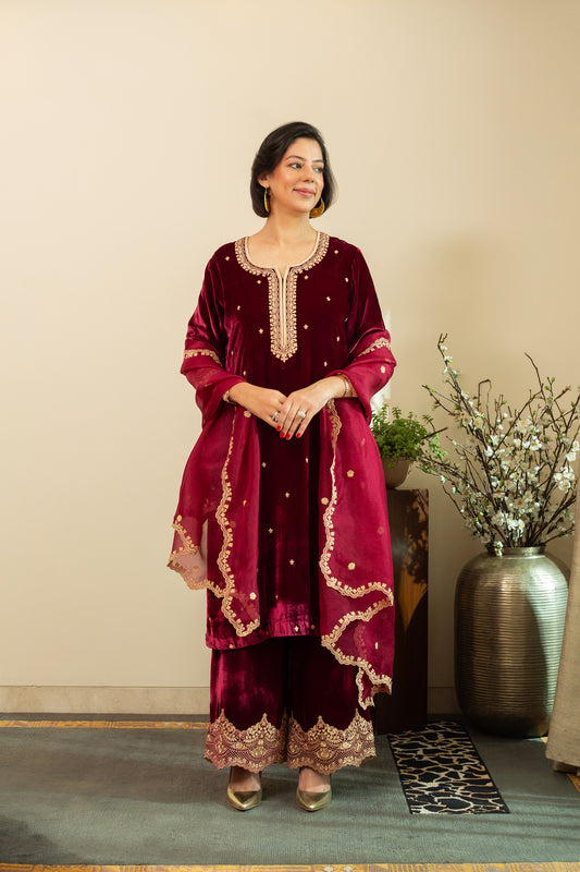 CHANTILLY Wine LACE embroidered Kurta set in Silk Velvet with pure silk organza embroidered Dupatta