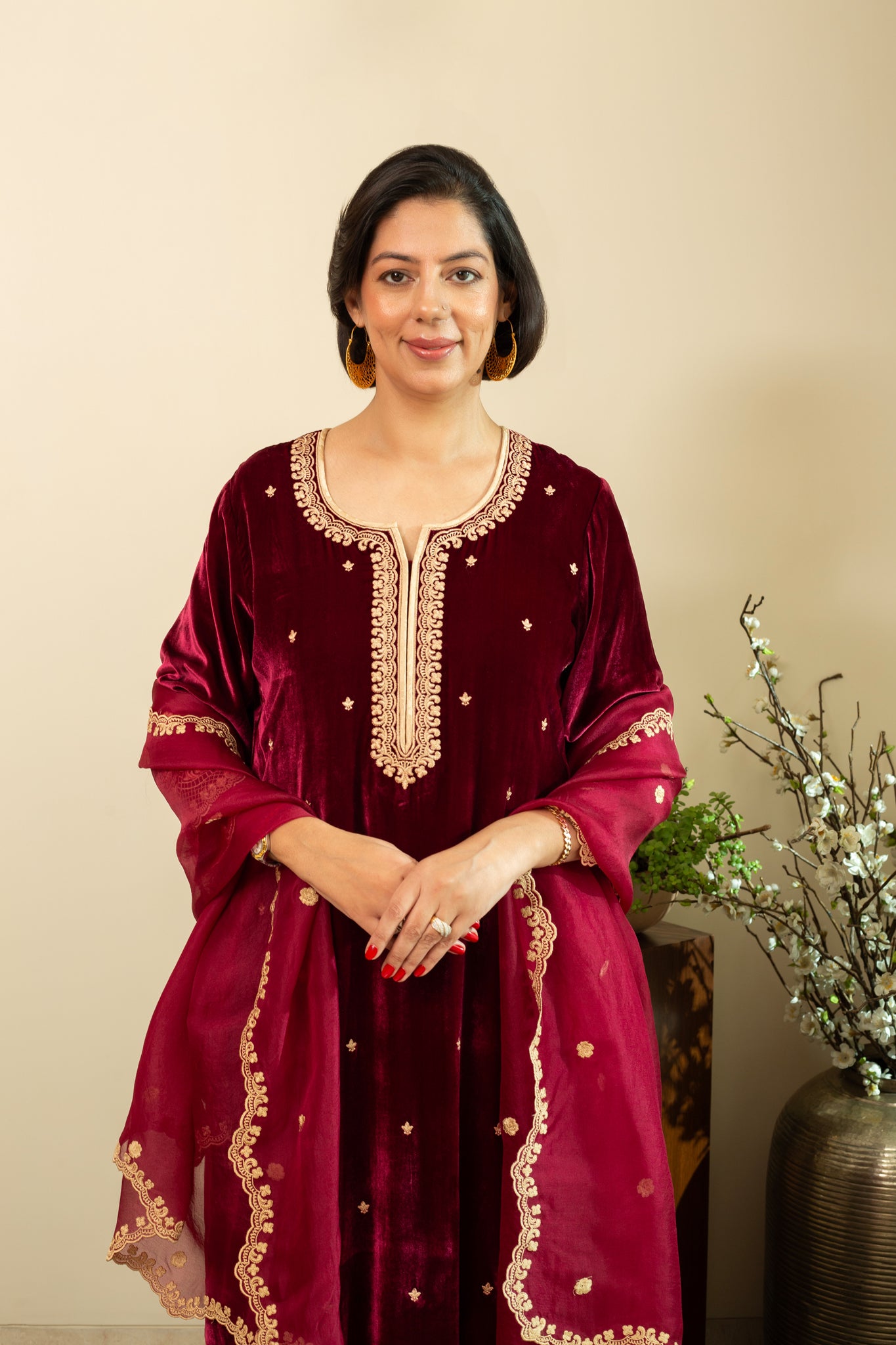 CHANTILLY Wine LACE embroidered Kurta set in Silk Velvet with pure silk organza embroidered Dupatta