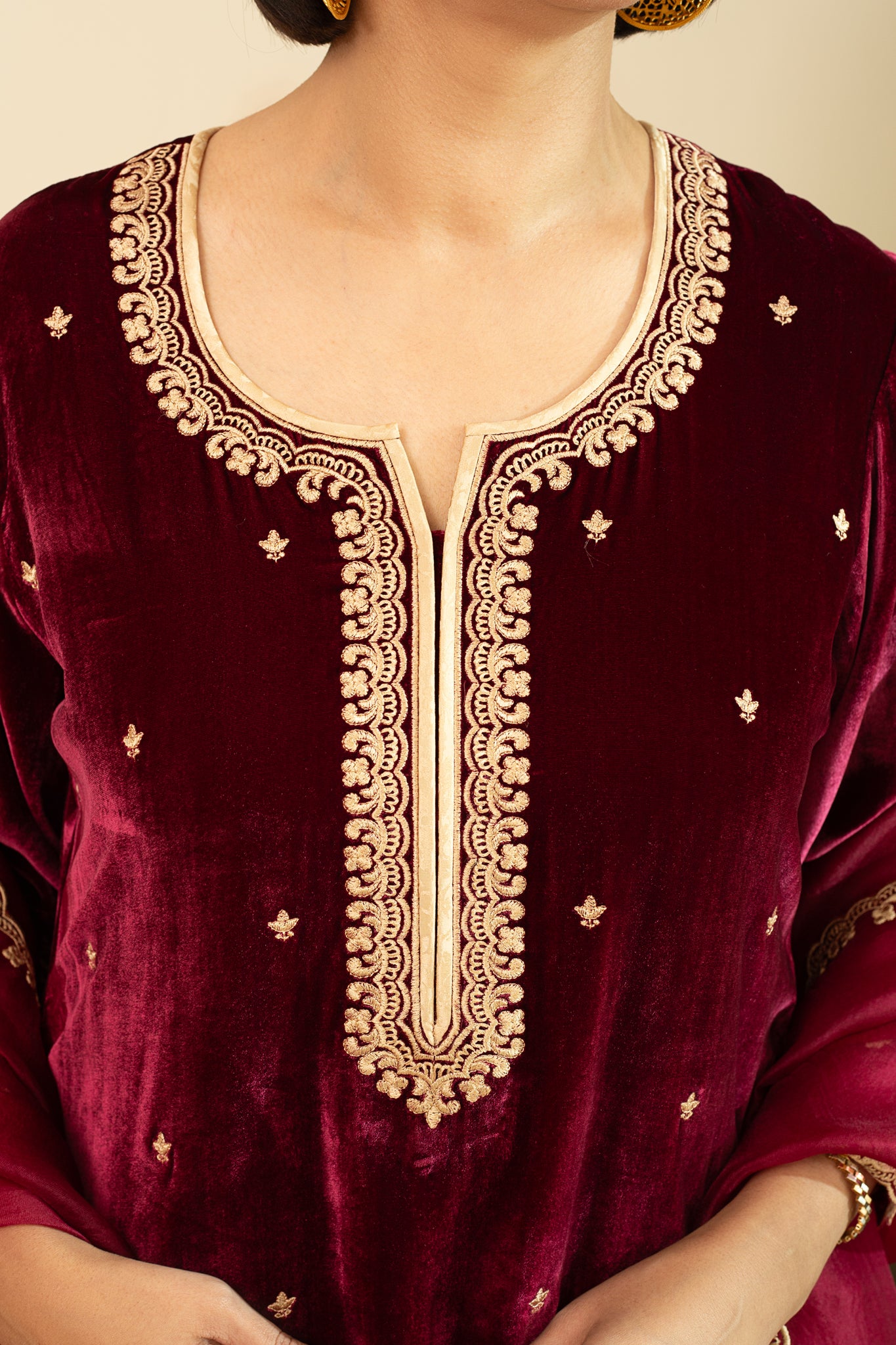 CHANTILLY Wine LACE embroidered Kurta set in Silk Velvet with pure silk organza embroidered Dupatta