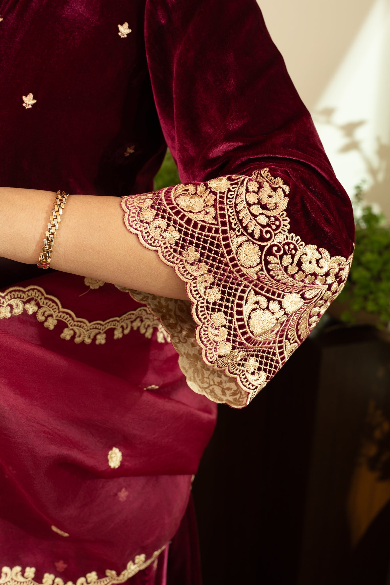CHANTILLY Wine LACE embroidered Kurta set in Silk Velvet with pure silk organza embroidered Dupatta