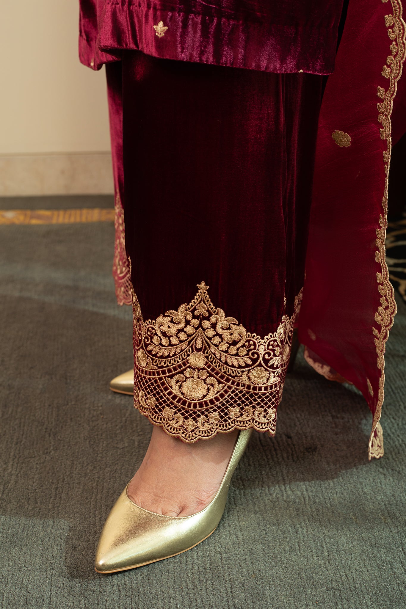 CHANTILLY Wine LACE embroidered Kurta set in Silk Velvet with pure silk organza embroidered Dupatta