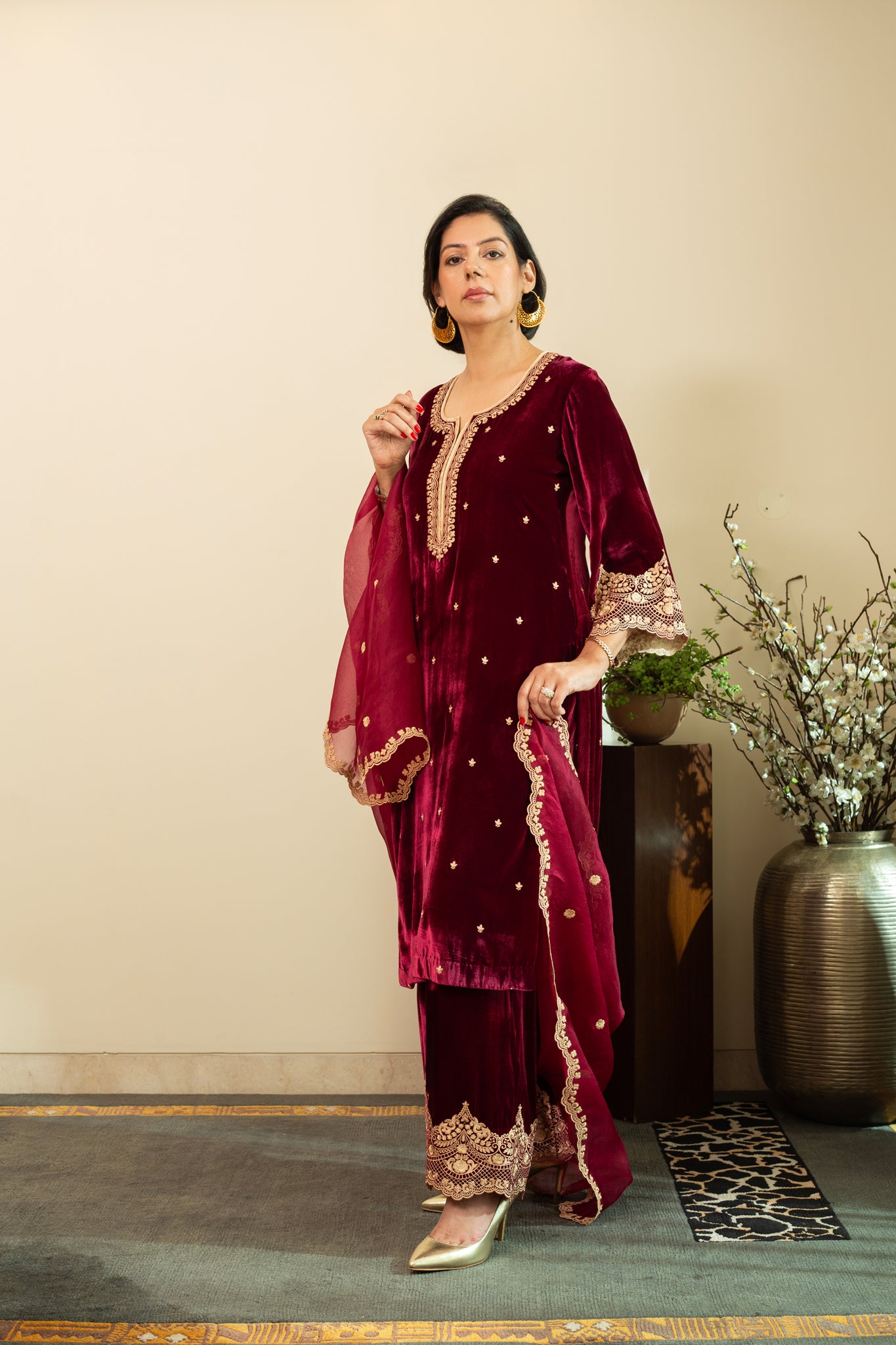 CHANTILLY Wine LACE embroidered Kurta set in Silk Velvet with pure silk organza embroidered Dupatta