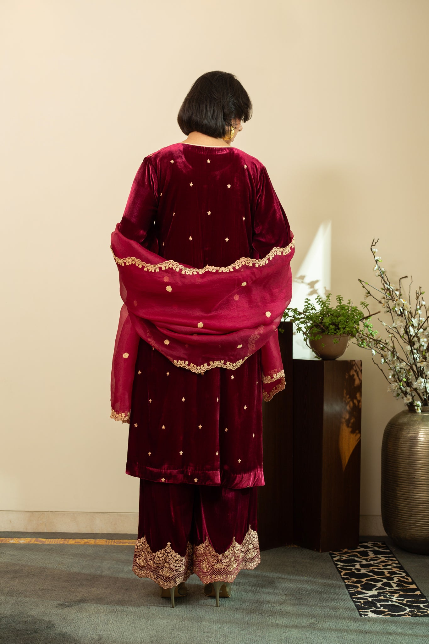 CHANTILLY Wine LACE embroidered Kurta set in Silk Velvet with pure silk organza embroidered Dupatta