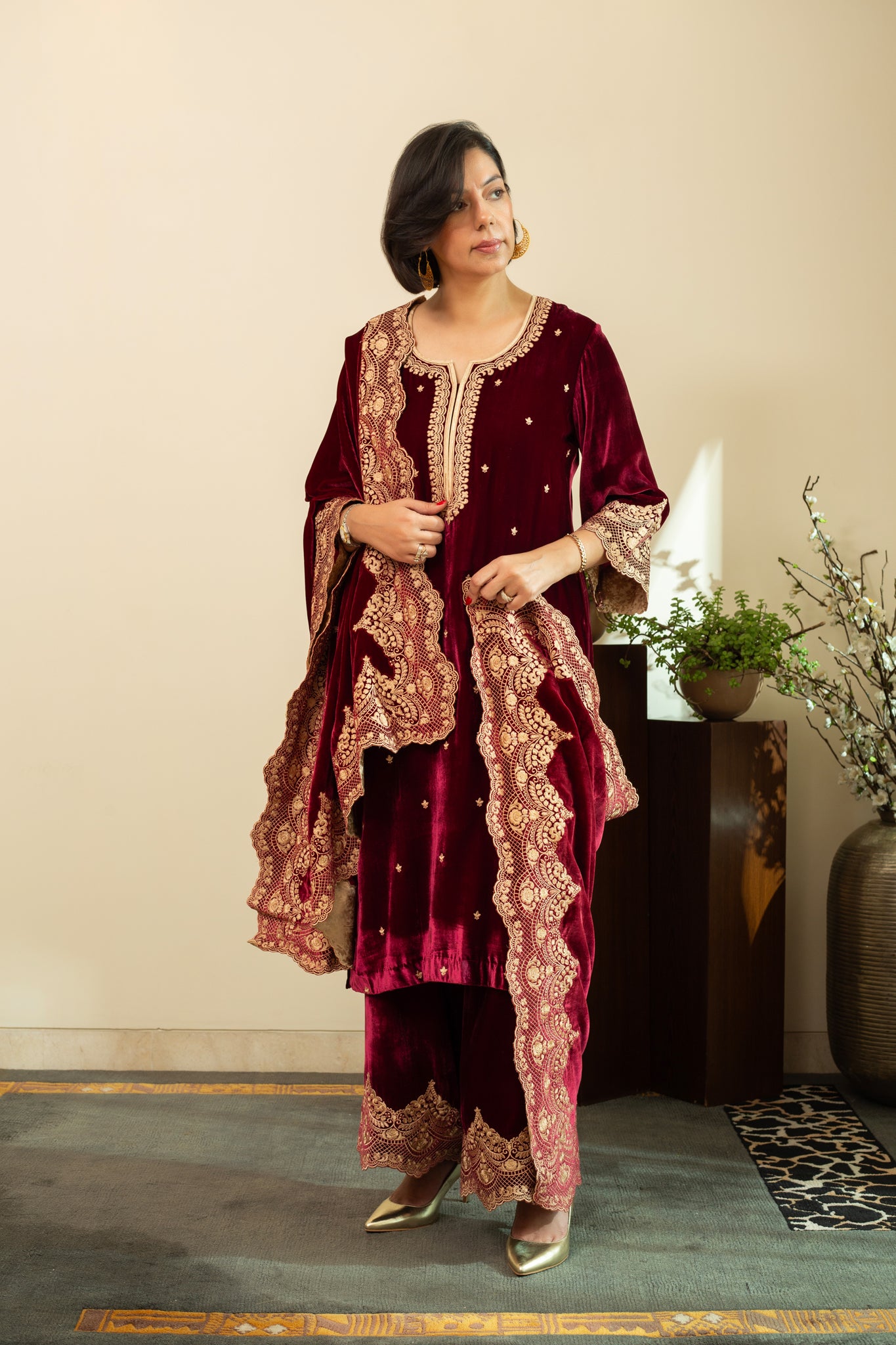 CHANTILLY Wine LACE embroidered Kurta set in Silk Velvet with pure silk organza embroidered Dupatta