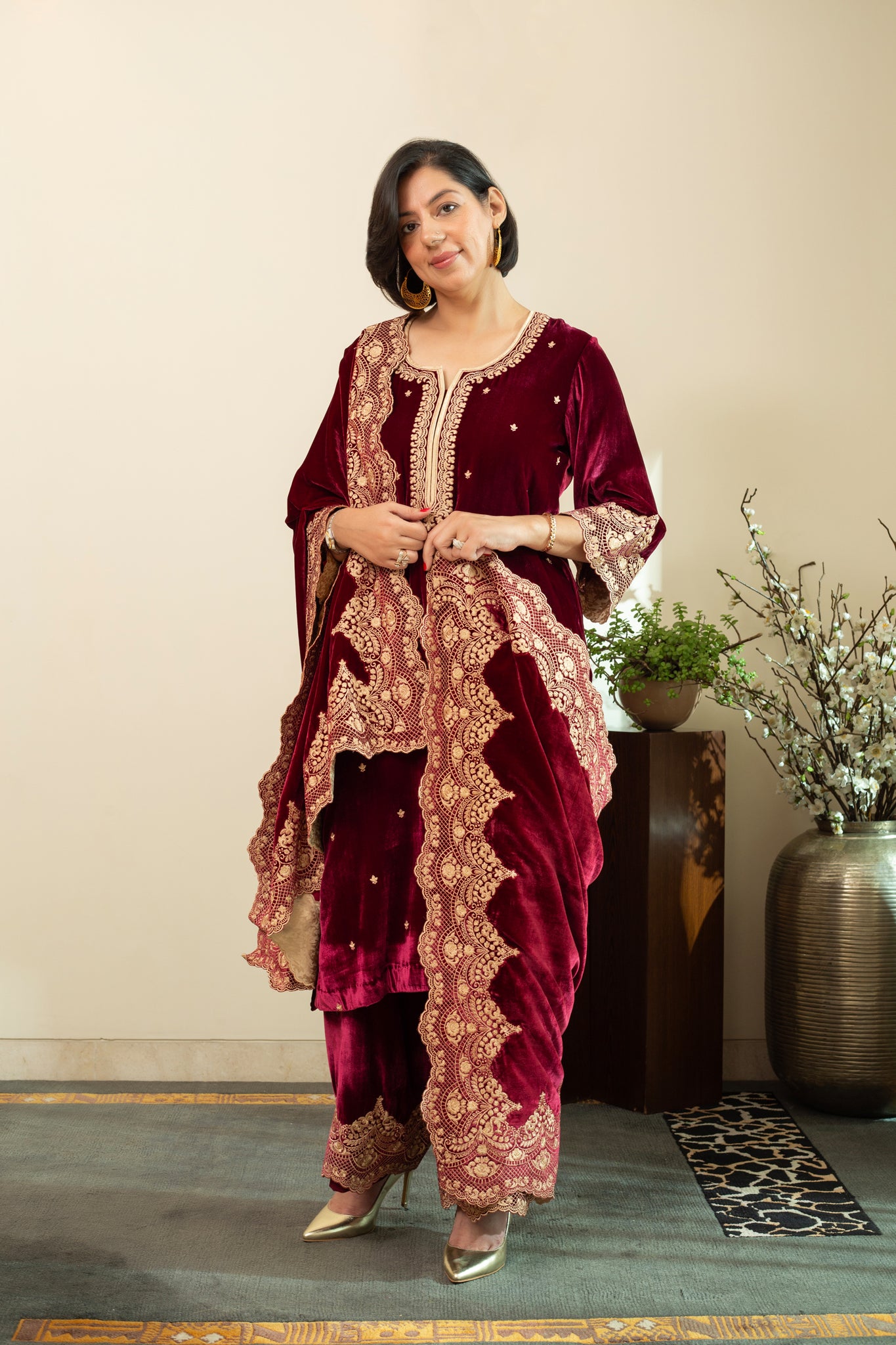 CHANTILLY Wine LACE embroidered Kurta set in Silk Velvet with pure silk organza embroidered Dupatta