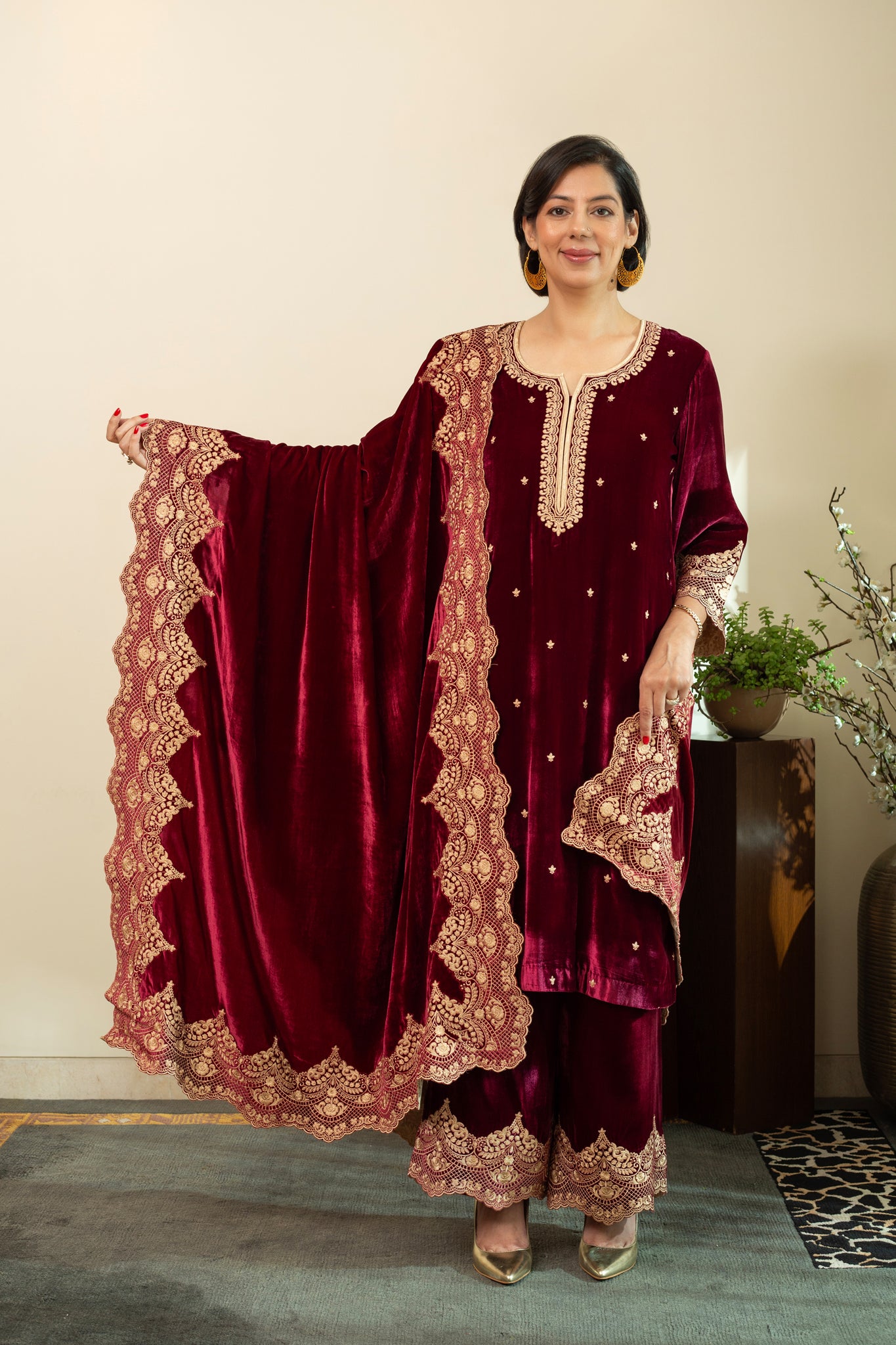 CHANTILLY Wine LACE embroidered Kurta set in Silk Velvet with pure silk organza embroidered Dupatta