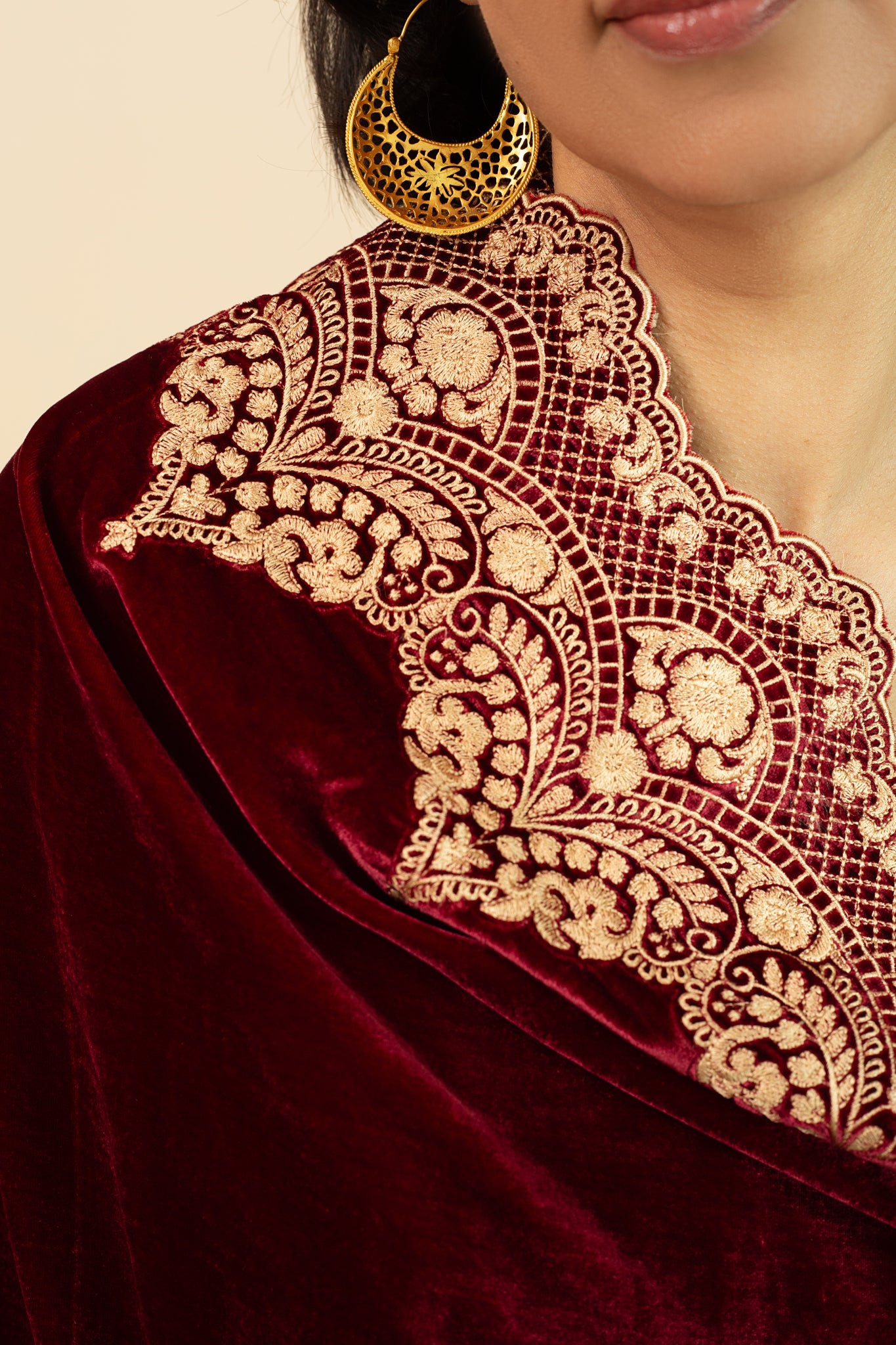 CHANTILLY Wine LACE embroidered Kurta set in Silk Velvet with pure silk organza embroidered Dupatta