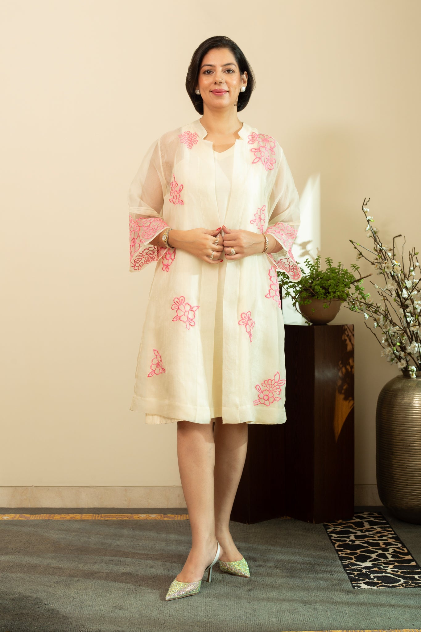 Zainab Ecru Pure silk Chanderi Shift Dress with Pure Silk Organza Jacket with Pink Floral Embroidery