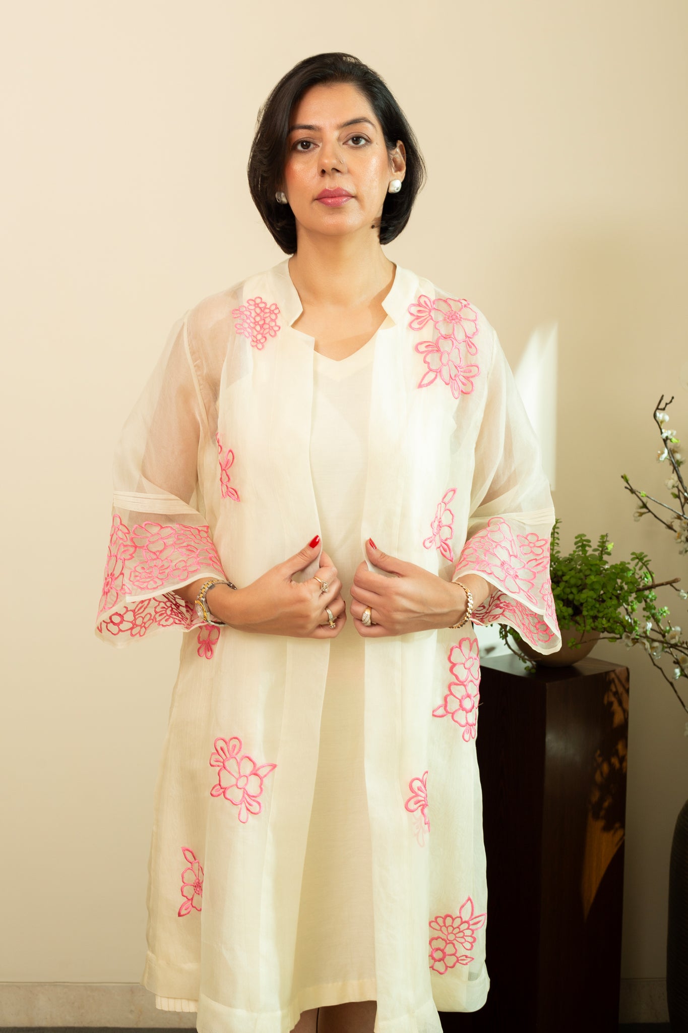 Zainab Ecru Pure silk Chanderi Shift Dress with Pure Silk Organza Jacket with Pink Floral Embroidery