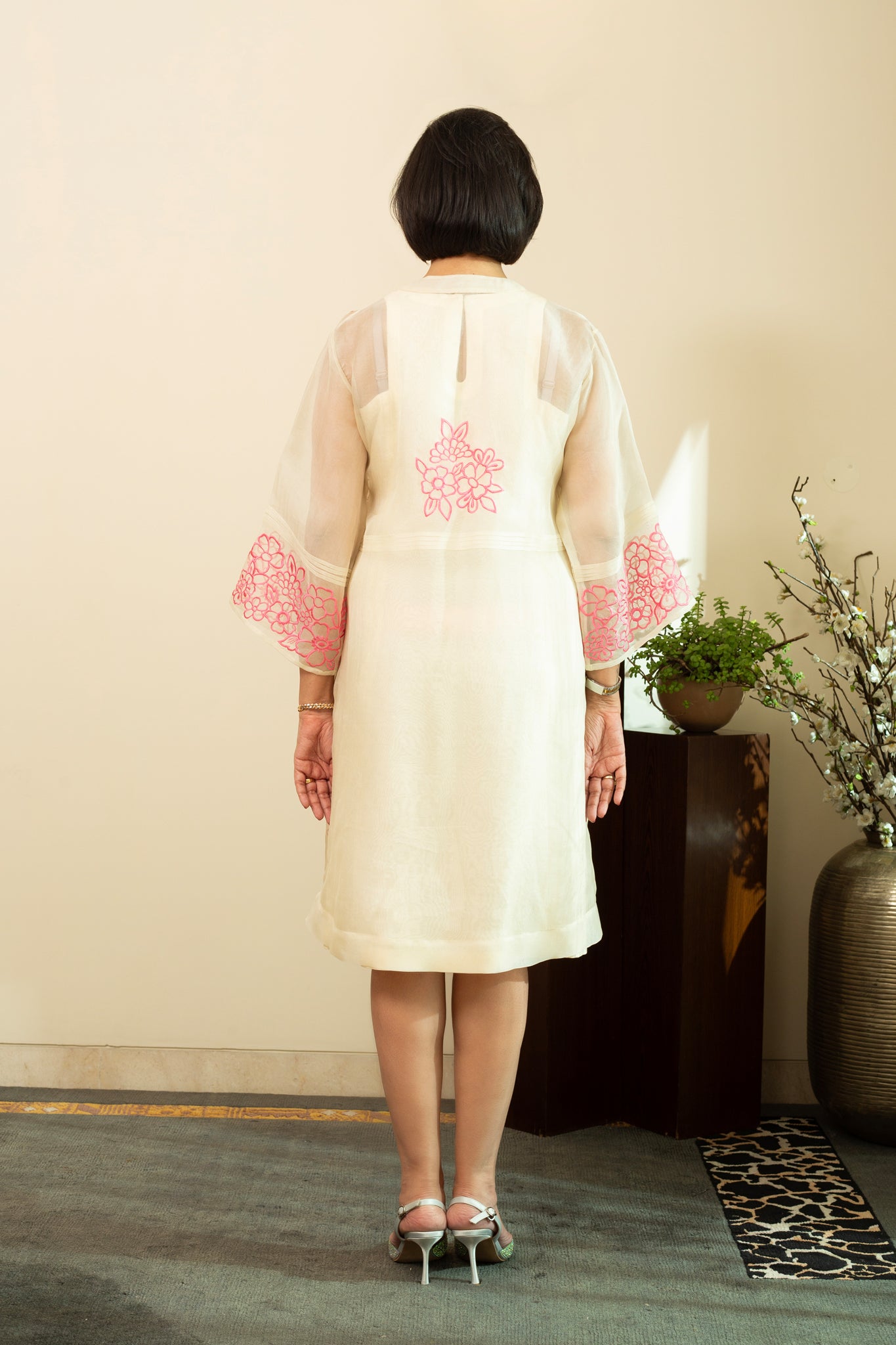 Zainab Ecru Pure silk Chanderi Shift Dress with Pure Silk Organza Jacket with Pink Floral Embroidery