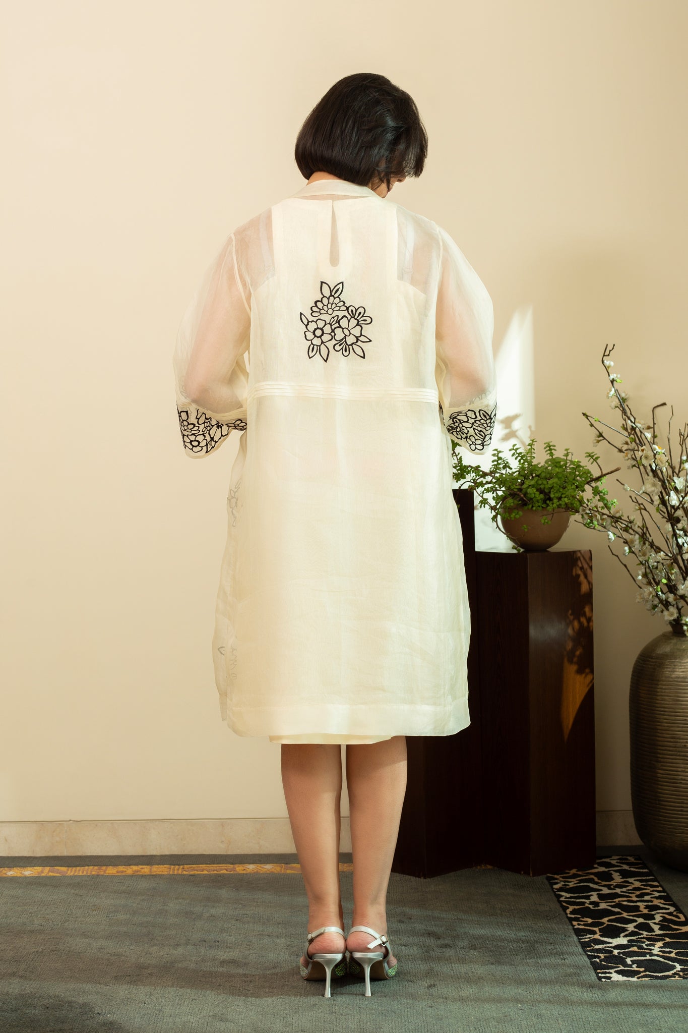 Zainab Ecru Pure silk Chanderi Shift Dress with Pure Silk Organza Overlay Jacket in Black Floral Embroidery