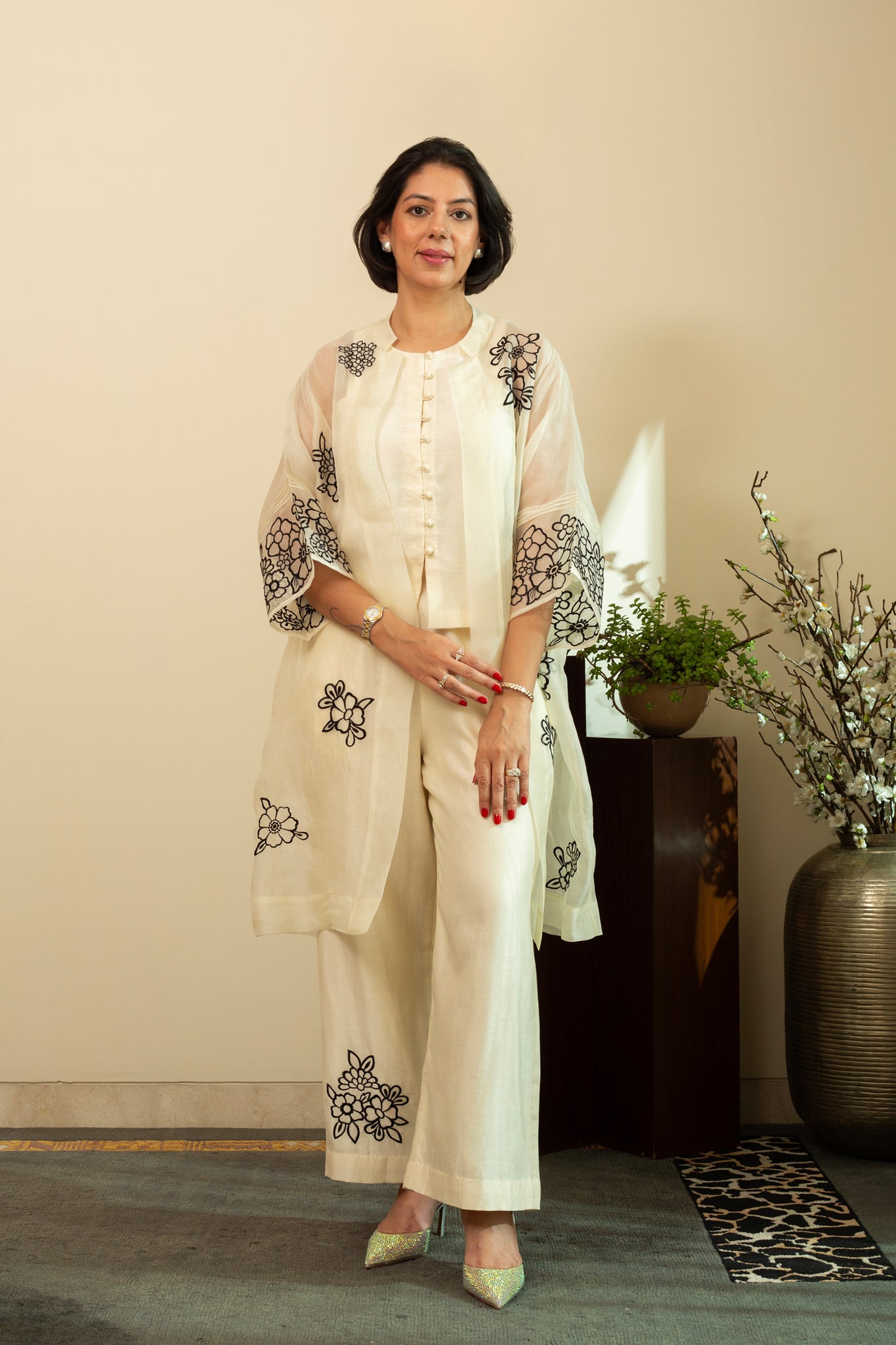 Zainab Ecru Organza Overlay Jacket with Top & Pants 3pc Set in Black Embroidery