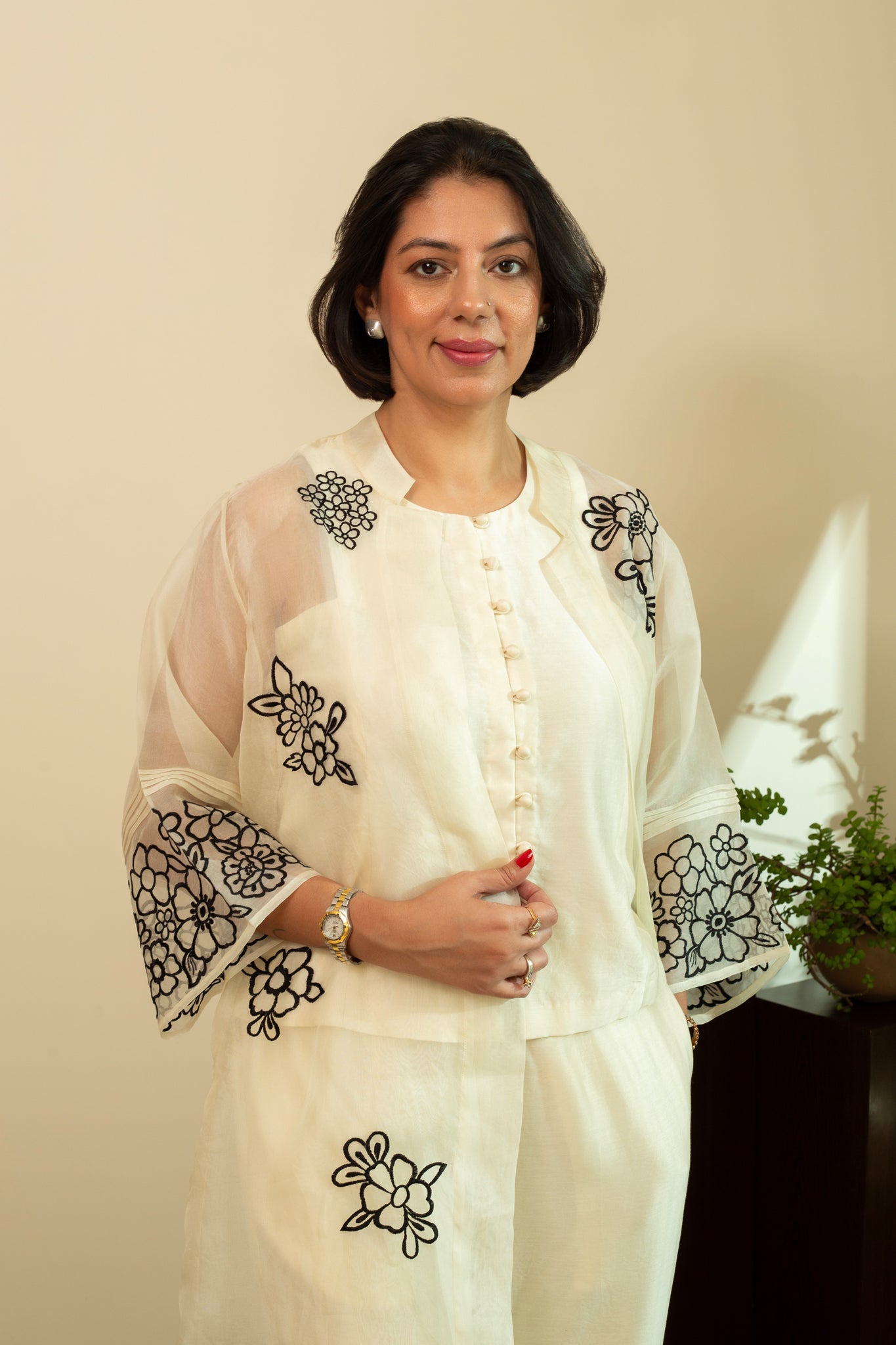 Zainab Ecru Organza Overlay Jacket with Top & Pants 3pc Set in Black Embroidery