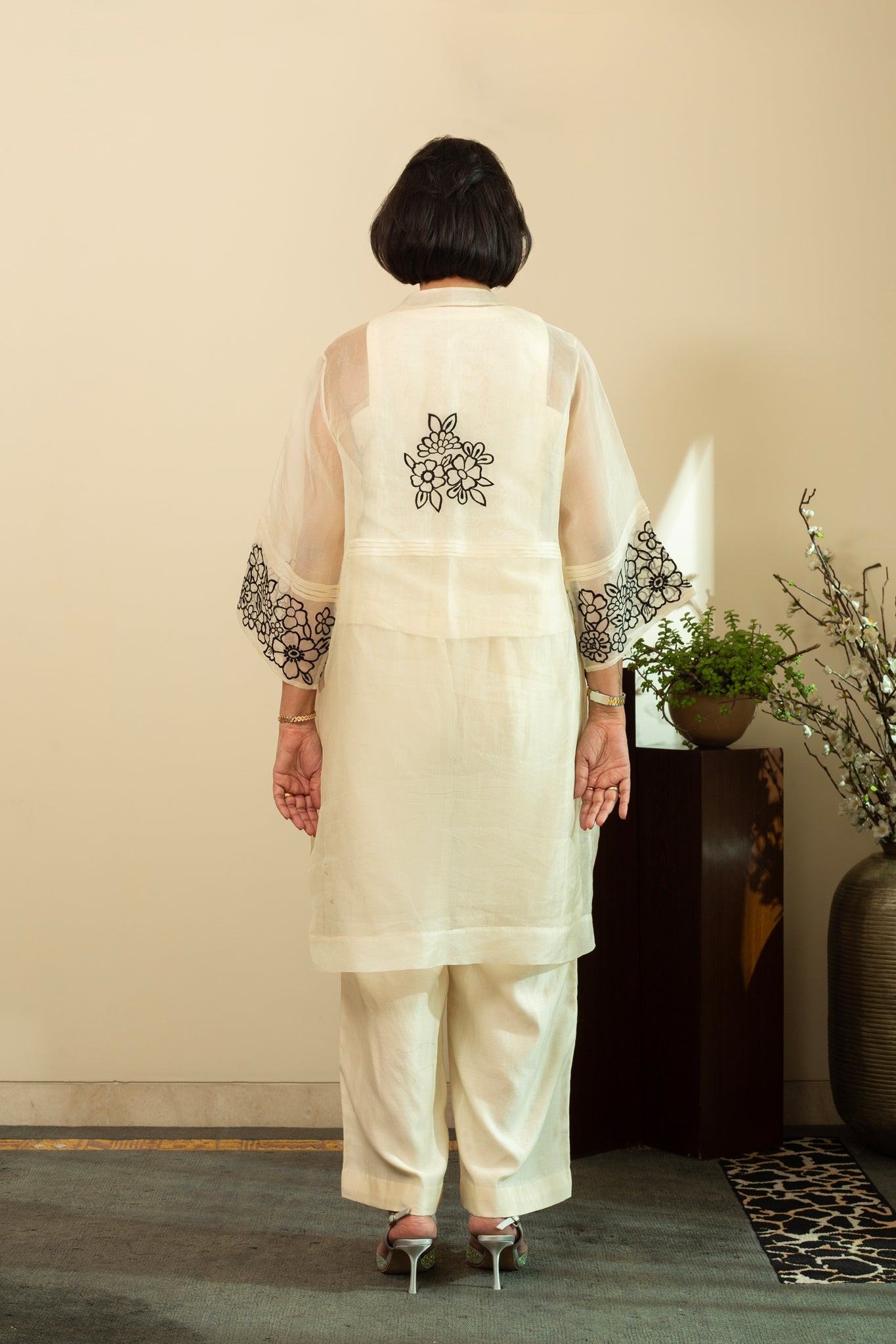 Zainab Ecru Organza Overlay Jacket with Top & Pants 3pc Set in Black Embroidery