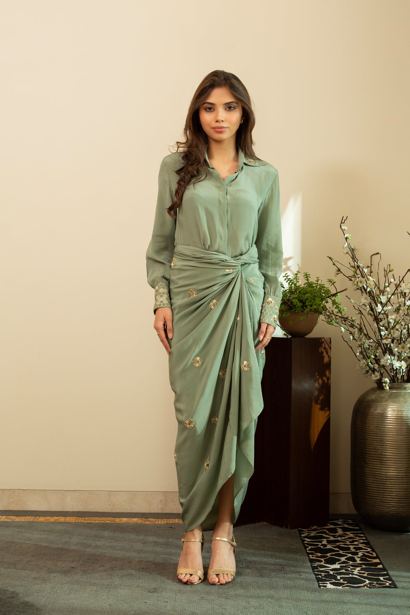 AAFREEN BEE Pure Silk Crepe Dhoti Skirt & Shirt with Gold Zari Embroidery in Matcha Green Colour