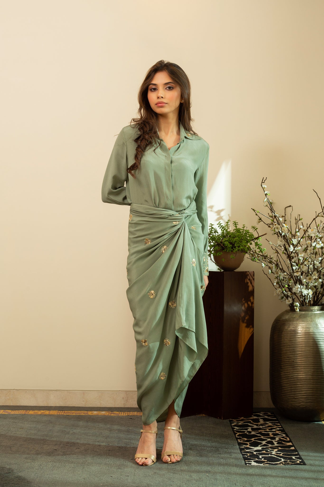 AAFREEN BEE Pure Silk Crepe Dhoti Skirt & Shirt with Gold Zari Embroidery in Matcha Green Colour