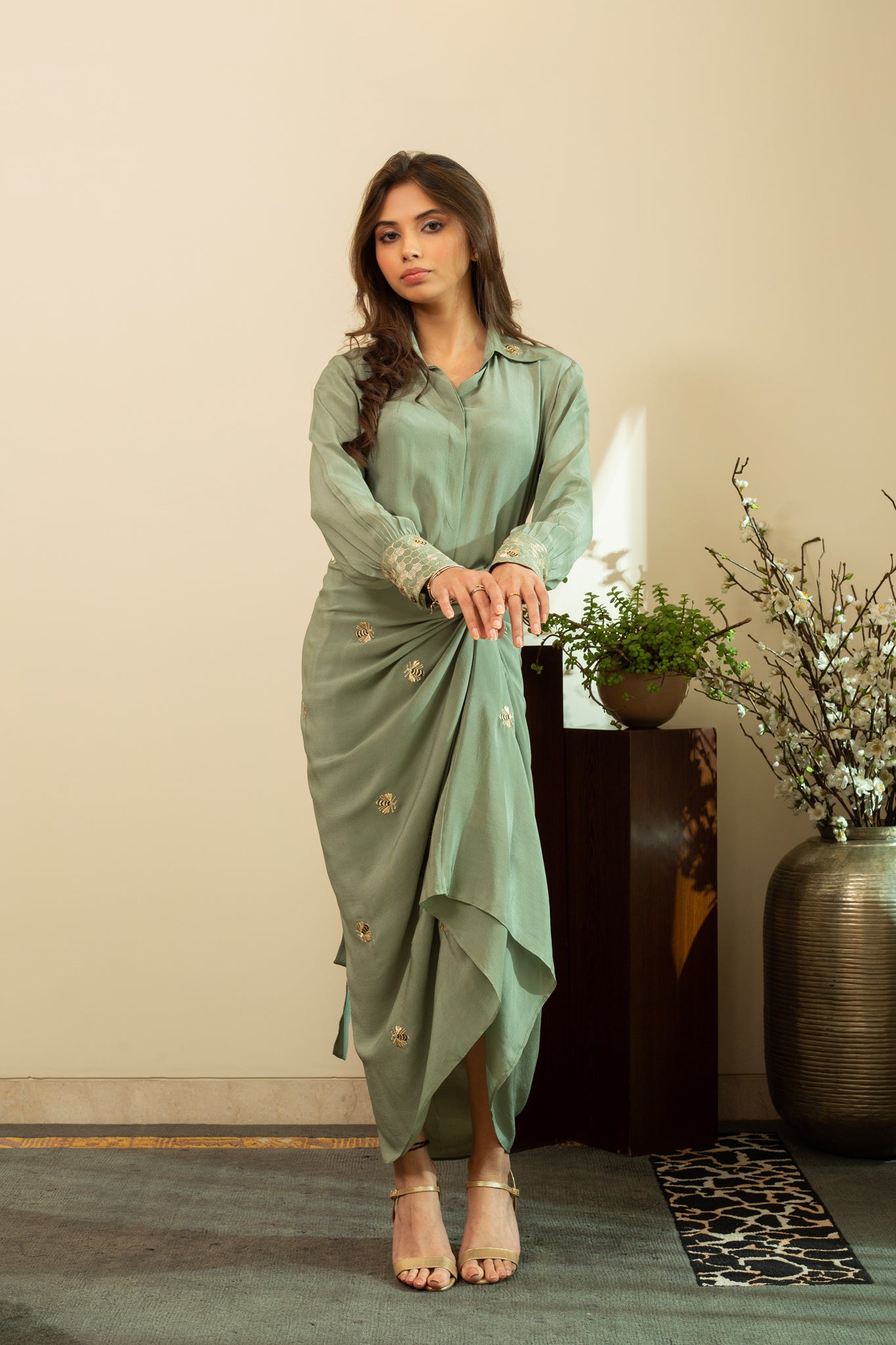 AAFREEN BEE Pure Silk Crepe Dhoti Skirt & Shirt with Gold Zari Embroidery in Matcha Green Colour