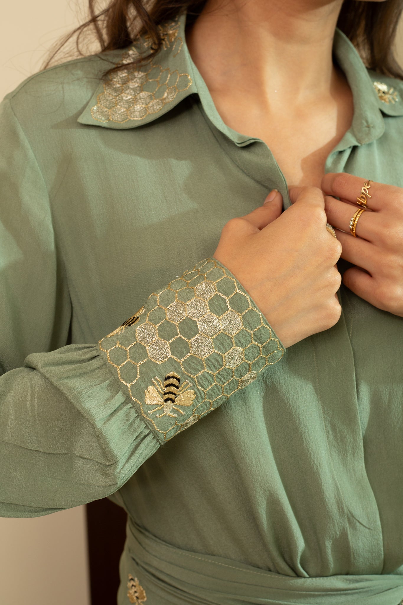 AAFREEN BEE Pure Silk Crepe Dhoti Skirt & Shirt with Gold Zari Embroidery in Matcha Green Colour