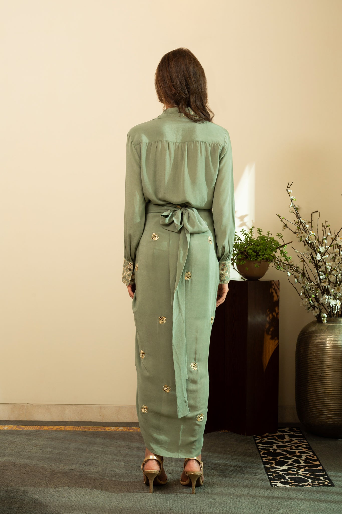 AAFREEN BEE Pure Silk Crepe Dhoti Skirt & Shirt with Gold Zari Embroidery in Matcha Green Colour
