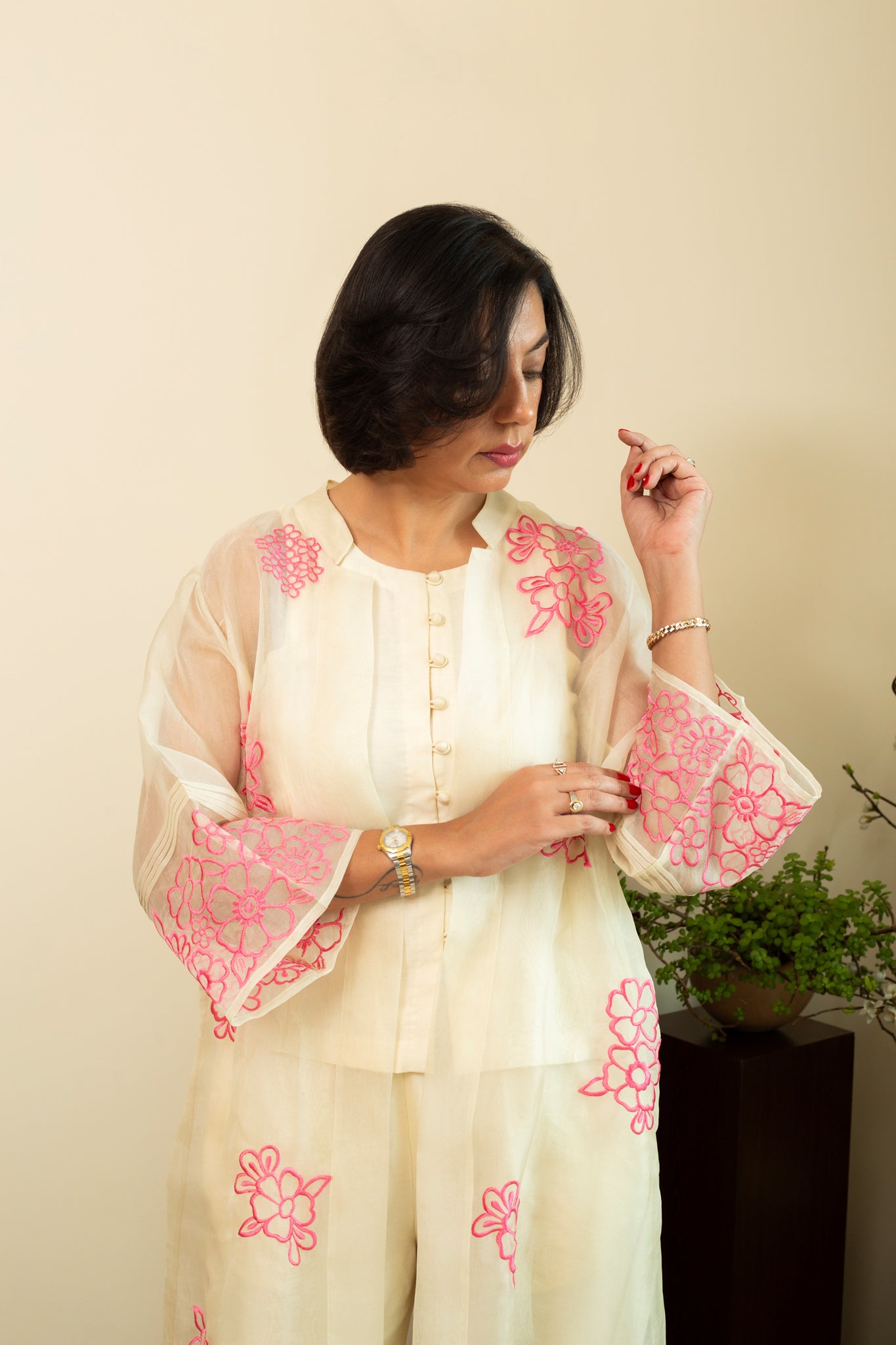 Zainab Ecru Organza Overlay Jacket with Top & Pants 3pc Set in Pink Embroidery