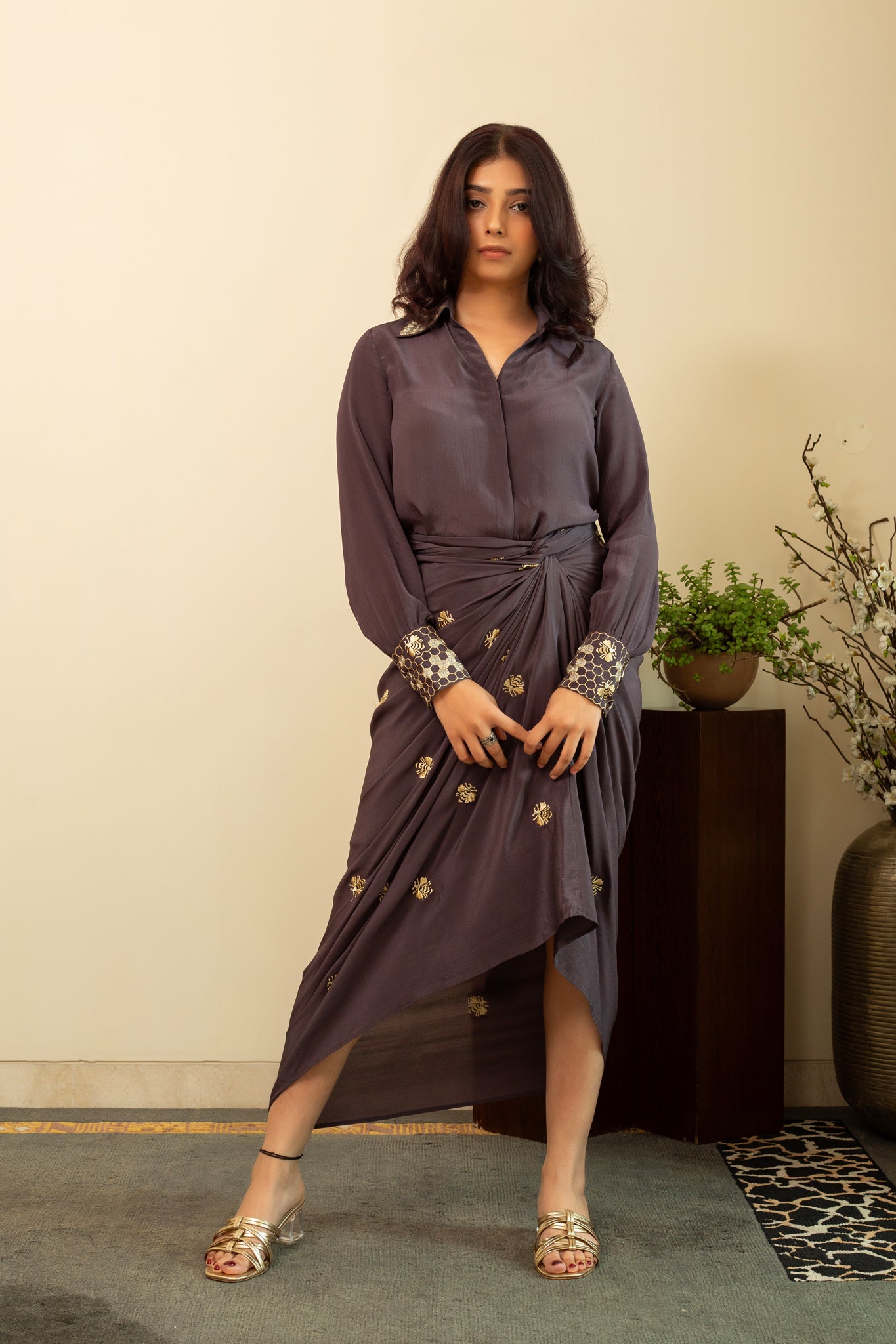 AAFREEN BEE Pure Silk Crepe Dhoti Skirt & Shirt with Gold Zari Embroidery in Sus Grey Colour
