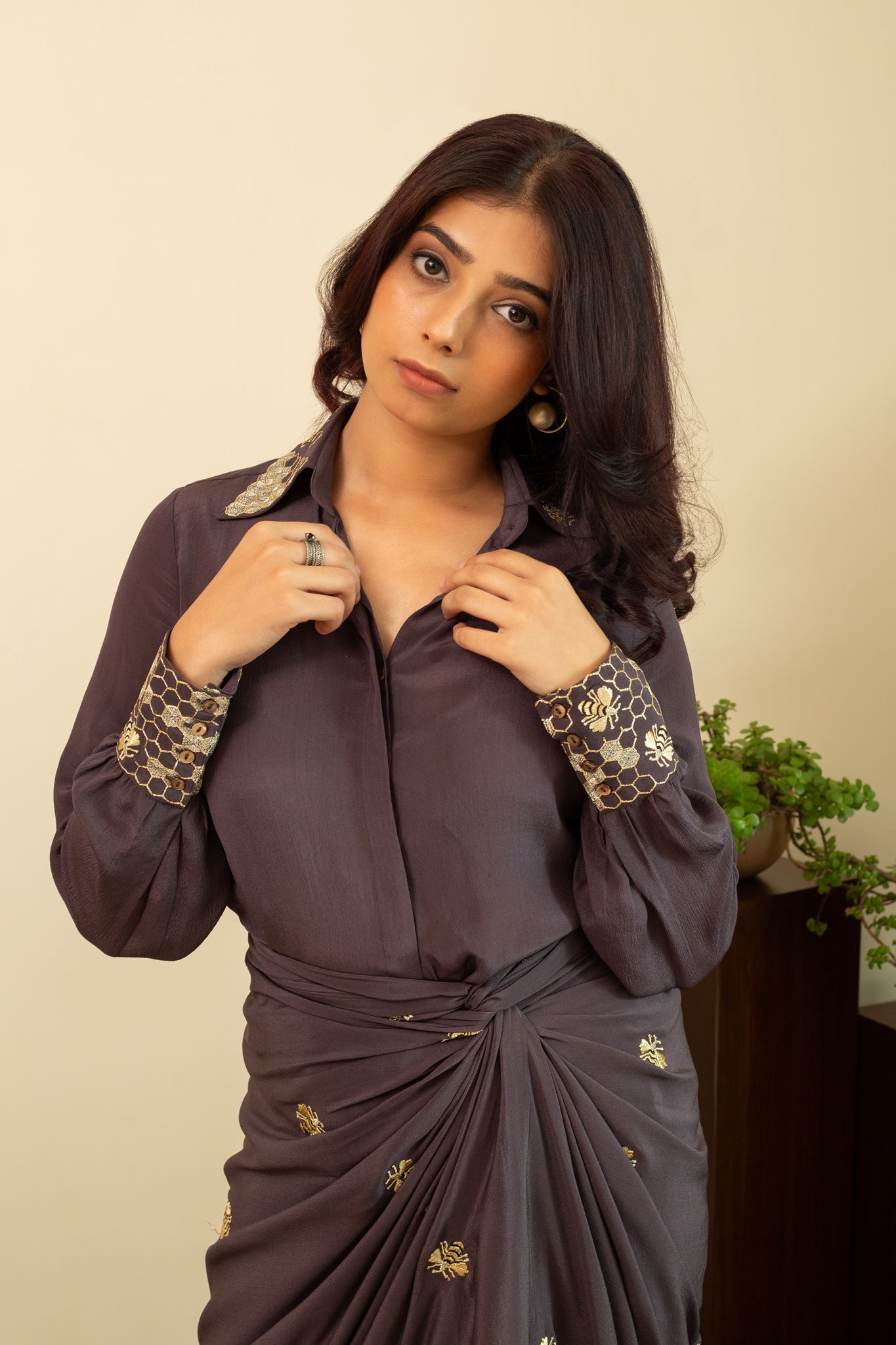 AAFREEN BEE Pure Silk Crepe Dhoti Skirt & Shirt with Gold Zari Embroidery in Sus Grey Colour