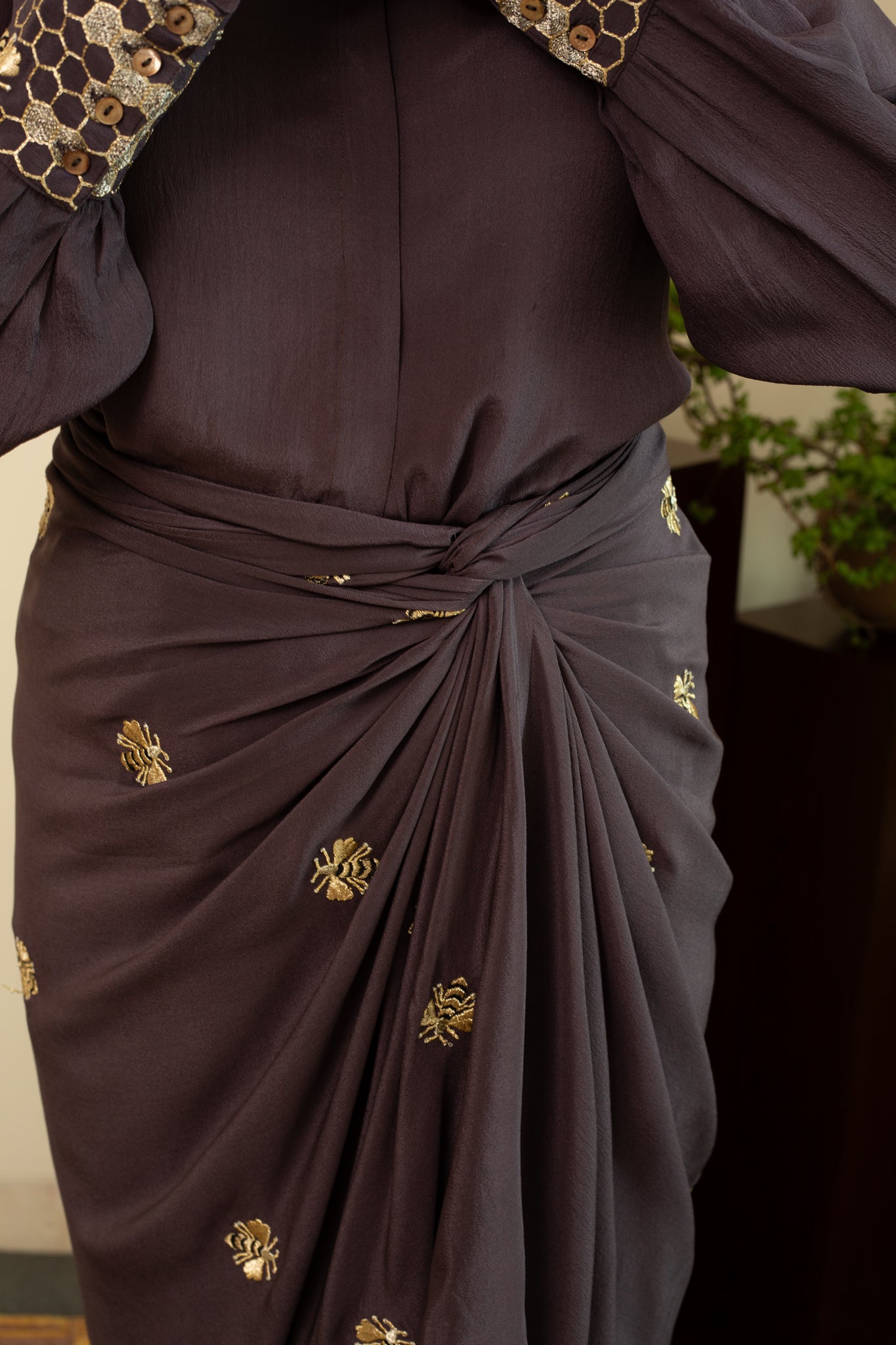 AAFREEN BEE Pure Silk Crepe Dhoti Skirt & Shirt with Gold Zari Embroidery in Sus Grey Colour