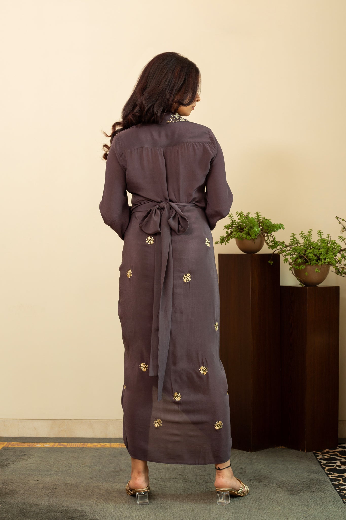 AAFREEN BEE Pure Silk Crepe Dhoti Skirt & Shirt with Gold Zari Embroidery in Sus Grey Colour