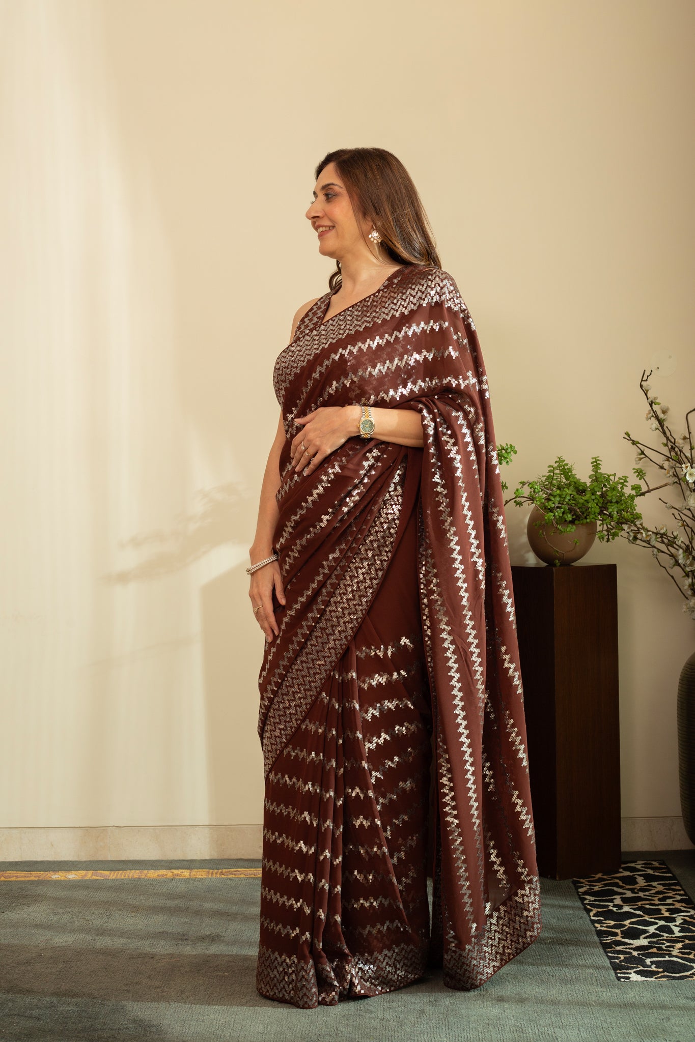 ROSHNI Geometric Temple Silver Sequins Saree in Chocolate Brown Colour