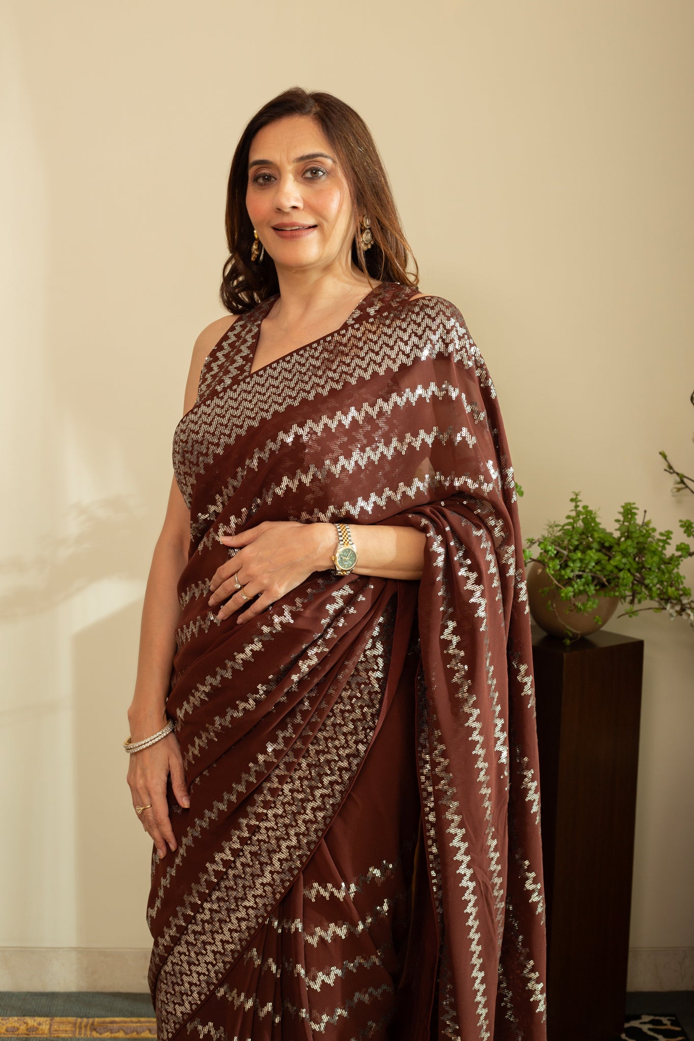 ROSHNI Geometric Temple Silver Sequins Saree in Chocolate Brown Colour