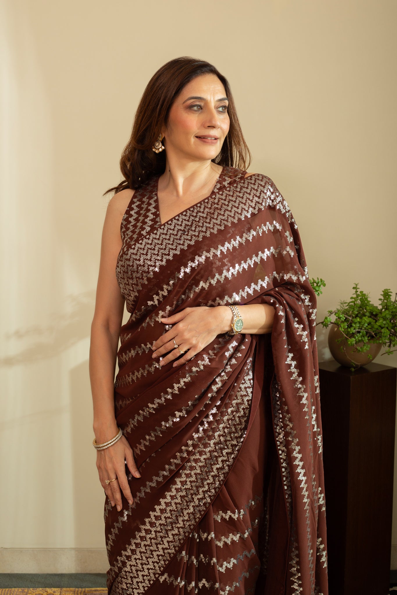 ROSHNI Geometric Temple Silver Sequins Saree in Chocolate Brown Colour