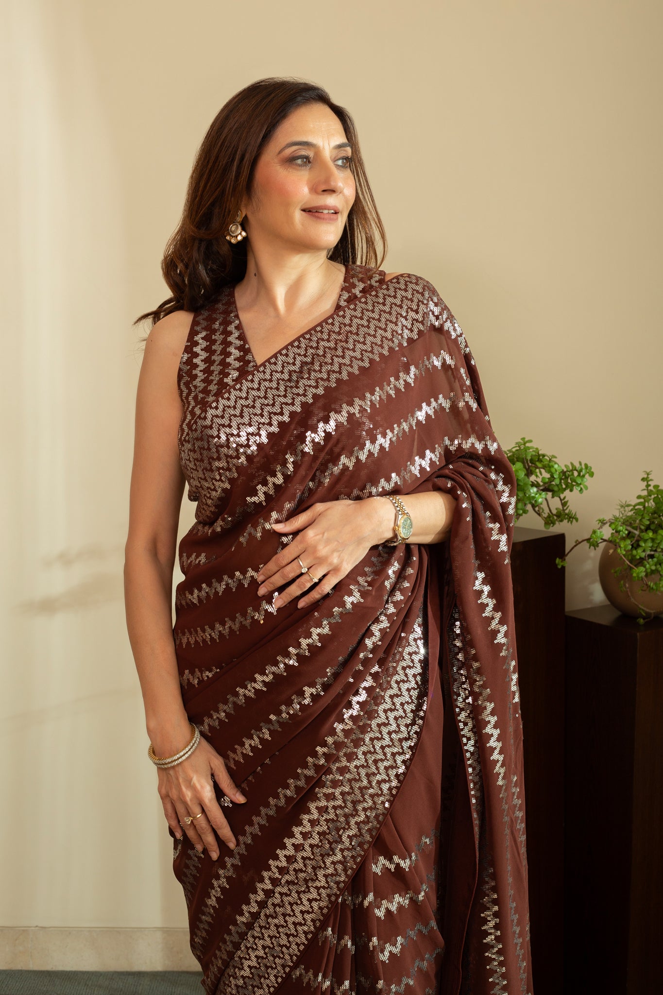ROSHNI Geometric Temple Silver Sequins Saree in Chocolate Brown Colour
