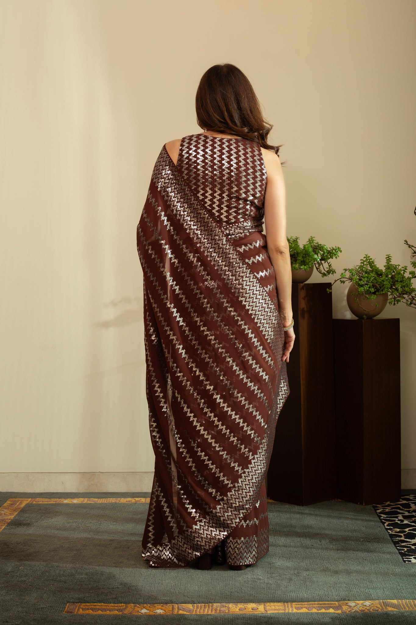 ROSHNI Geometric Temple Silver Sequins Saree in Chocolate Brown Colour