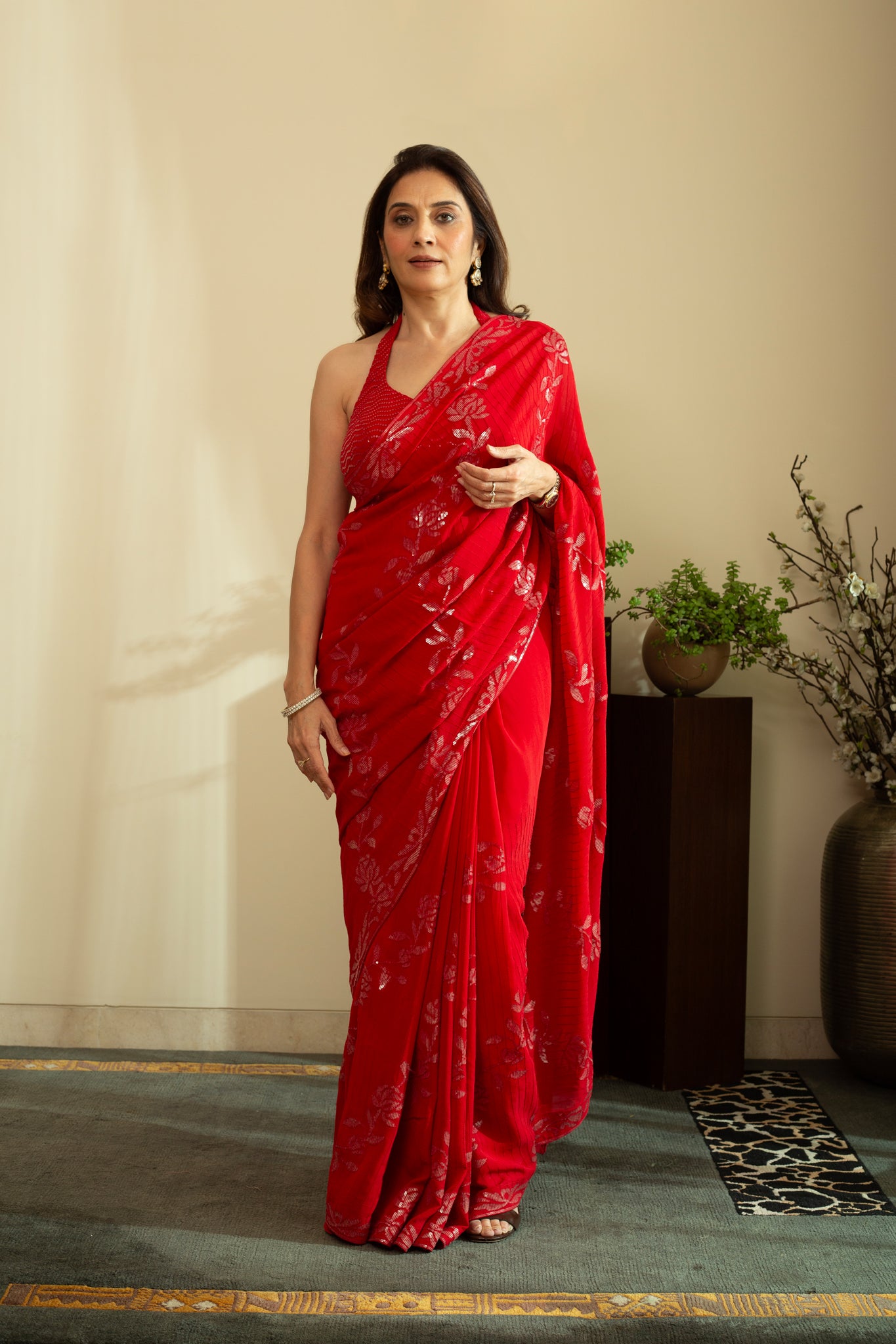 NAIRAAH Floral Sequins and Thread embroidery Saree in Red Colour