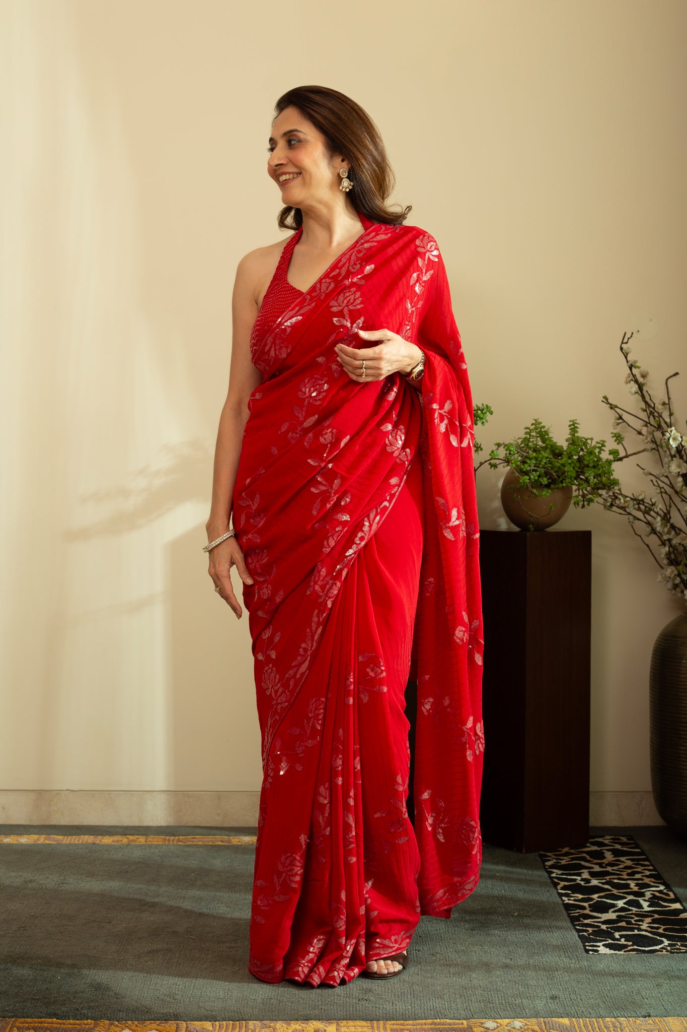 NAIRAAH Floral Sequins and Thread embroidery Saree in Red Colour