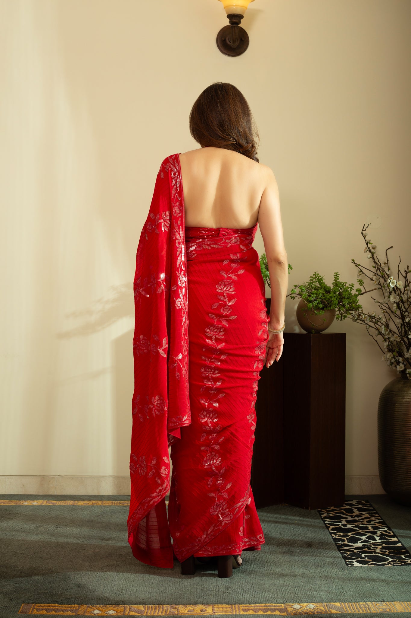 NAIRAAH Floral Sequins and Thread embroidery Saree in Red Colour