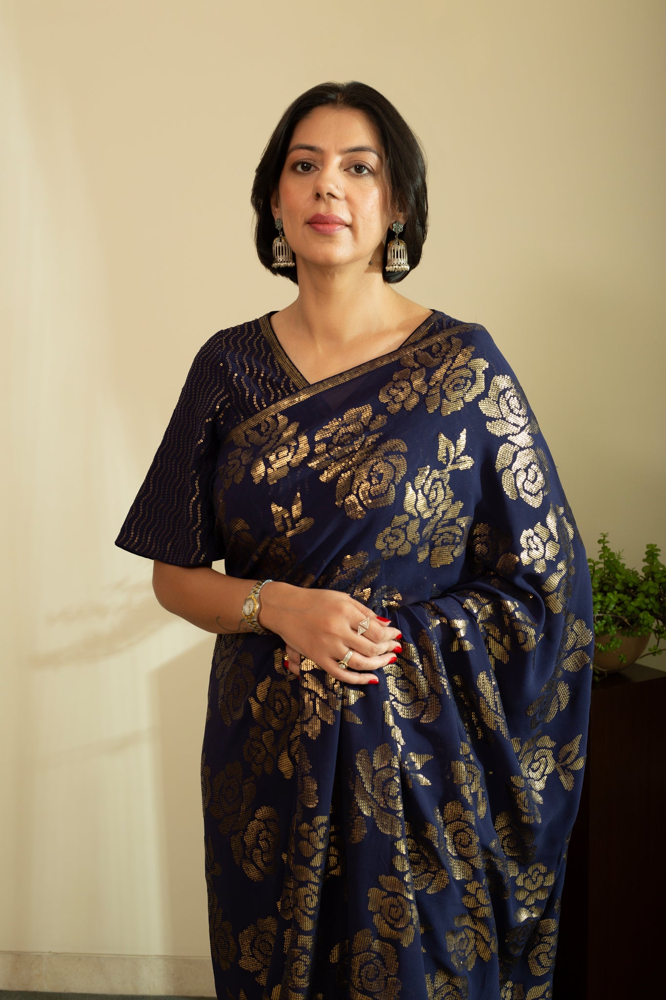SANA ROSE Dull Gold Sequin Saree in Navy Blue Colour