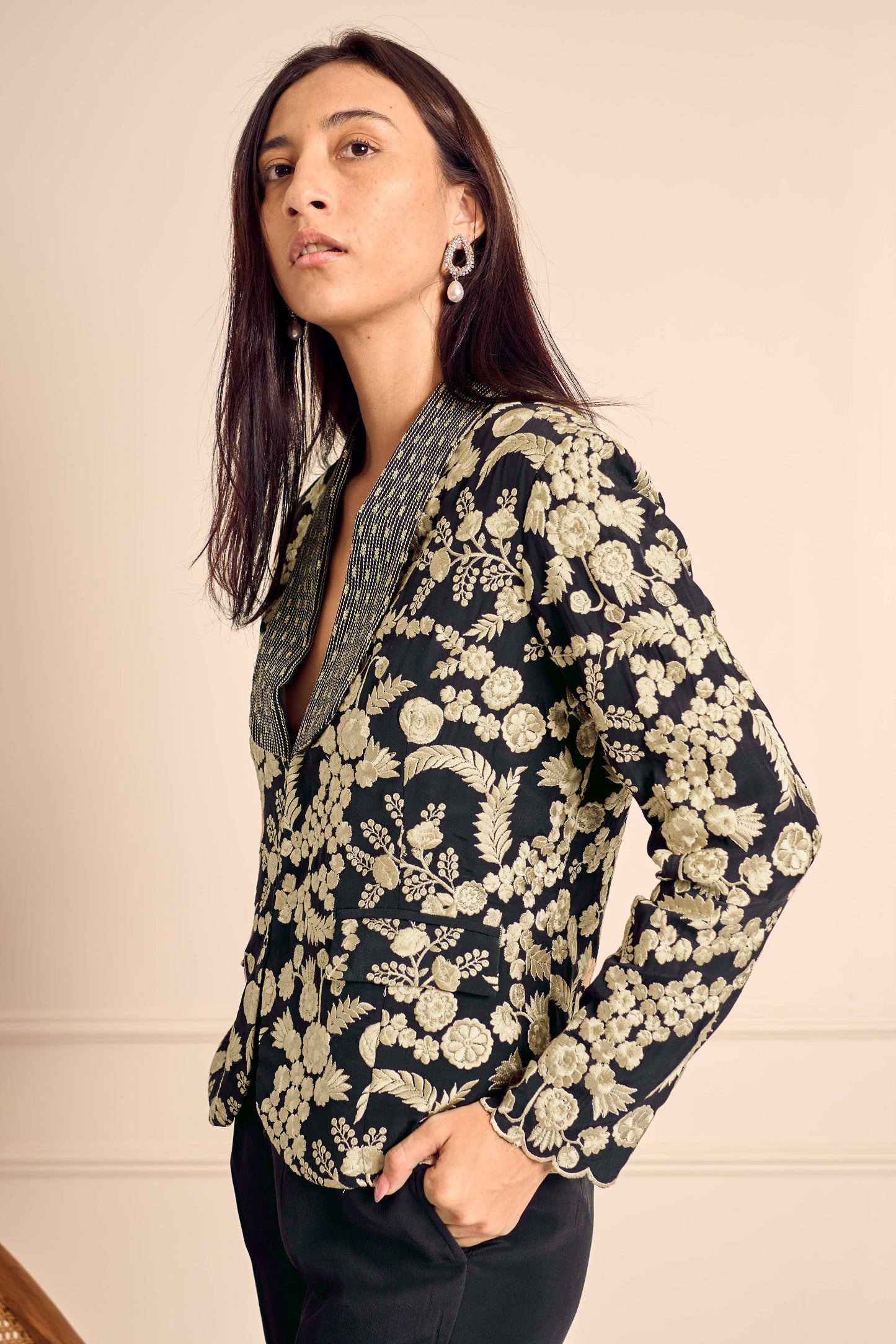 NAAZ Black Pure silk crepe Embroidered jacket
