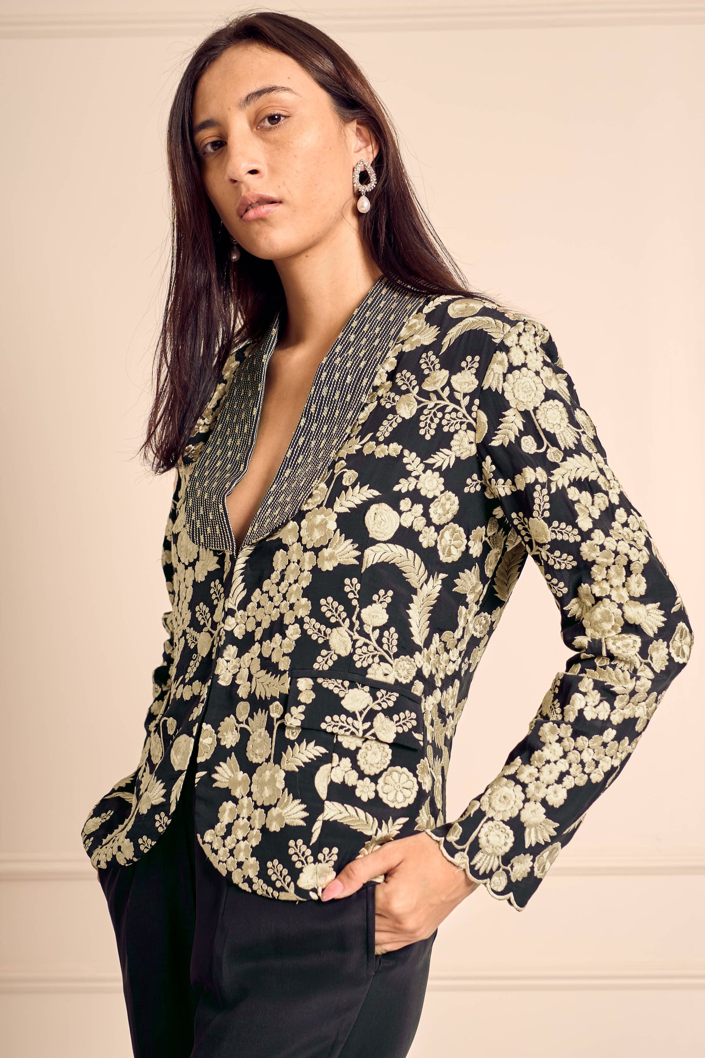 NAAZ Black Pure silk crepe Embroidered jacket