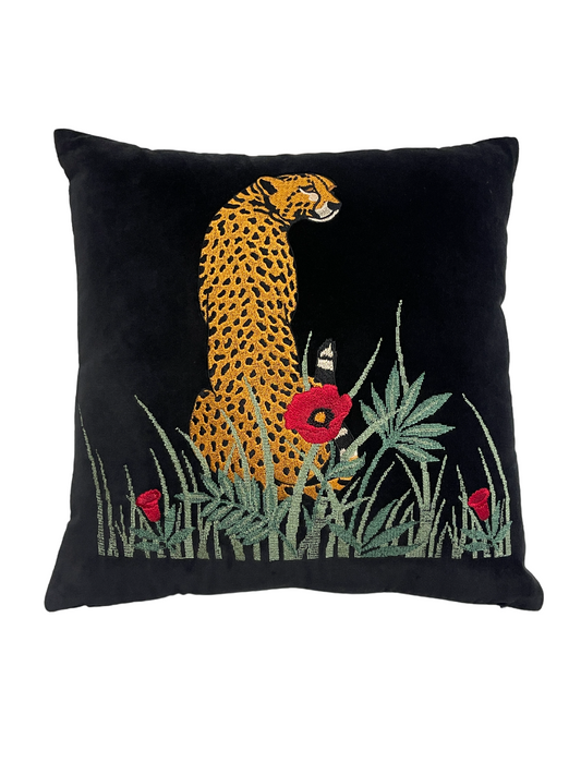 Amazon Forest Embroidered Black Leopard Cushion Cover