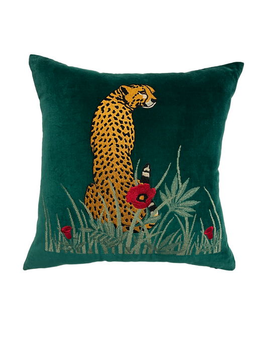 Amazon Forest Embroidered Green Leopard Cushion Cover